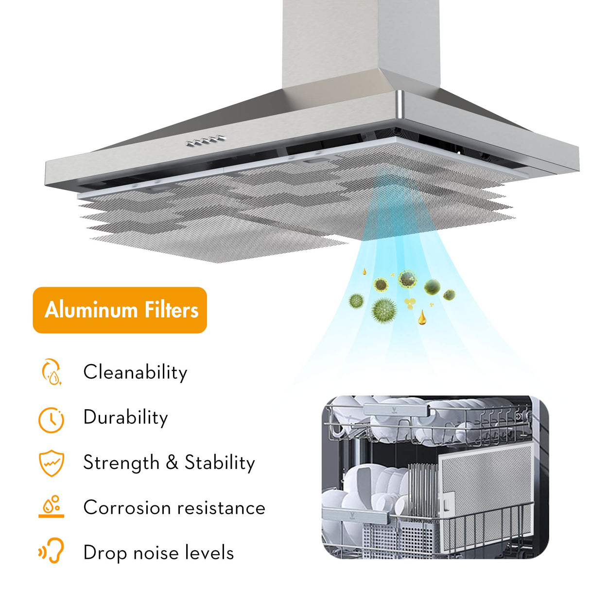 FIREGAS Wall Mount Range Hood 30 inch, 400 CFM Stainless Steel Stove Vent Hood with 3 Speed Exhaust Fan, Ducted/Ductless Convertible Duct kitchen hood, LED Lights, Push Button, Charcoal Filters FIREGAS