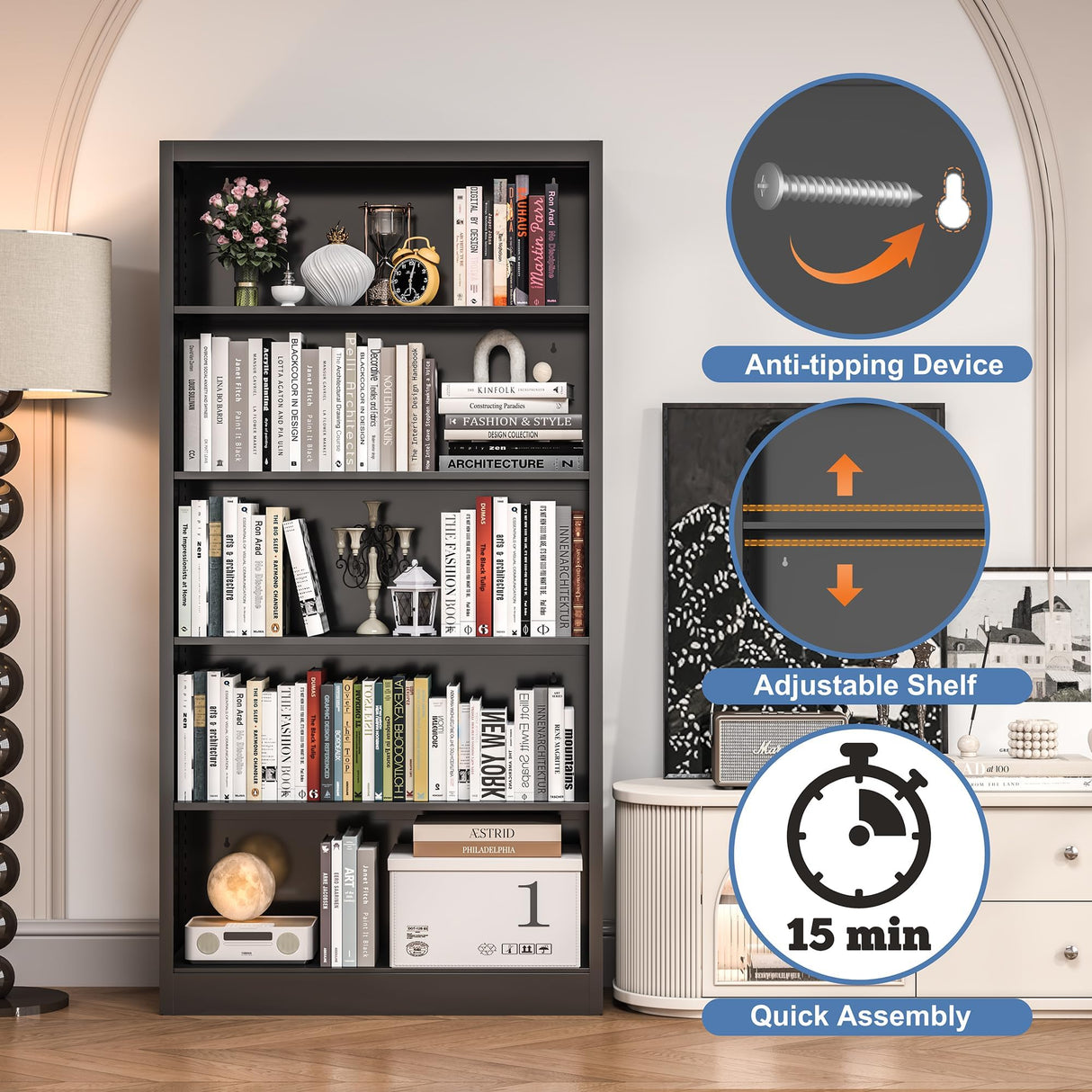 OSEILLC Bookshelf, Metal 5 Tier Industrial Bookshelves, 14" Deep Book Case for Book/Decor/CD/Movie, Adjustable Book Shelf, 66" Tall Modern Bookshelf for Bedroom Living Room Home Office School, Black OSEILLC