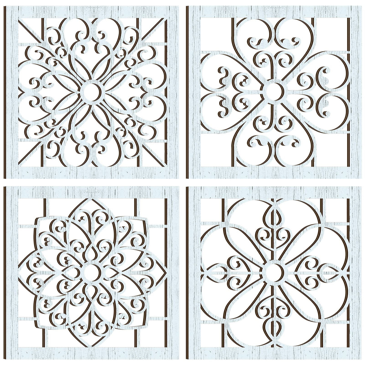 Yulejo 4 Pieces Thicken Rustic Wall Decor Farmhouse Wall Art Decor Wooden Hollow Carved Design Rustic Wall Art for Living Room Bedroom Hallway Decor Office Kitchen Wall Decoration (Light Cyan) Yulejo