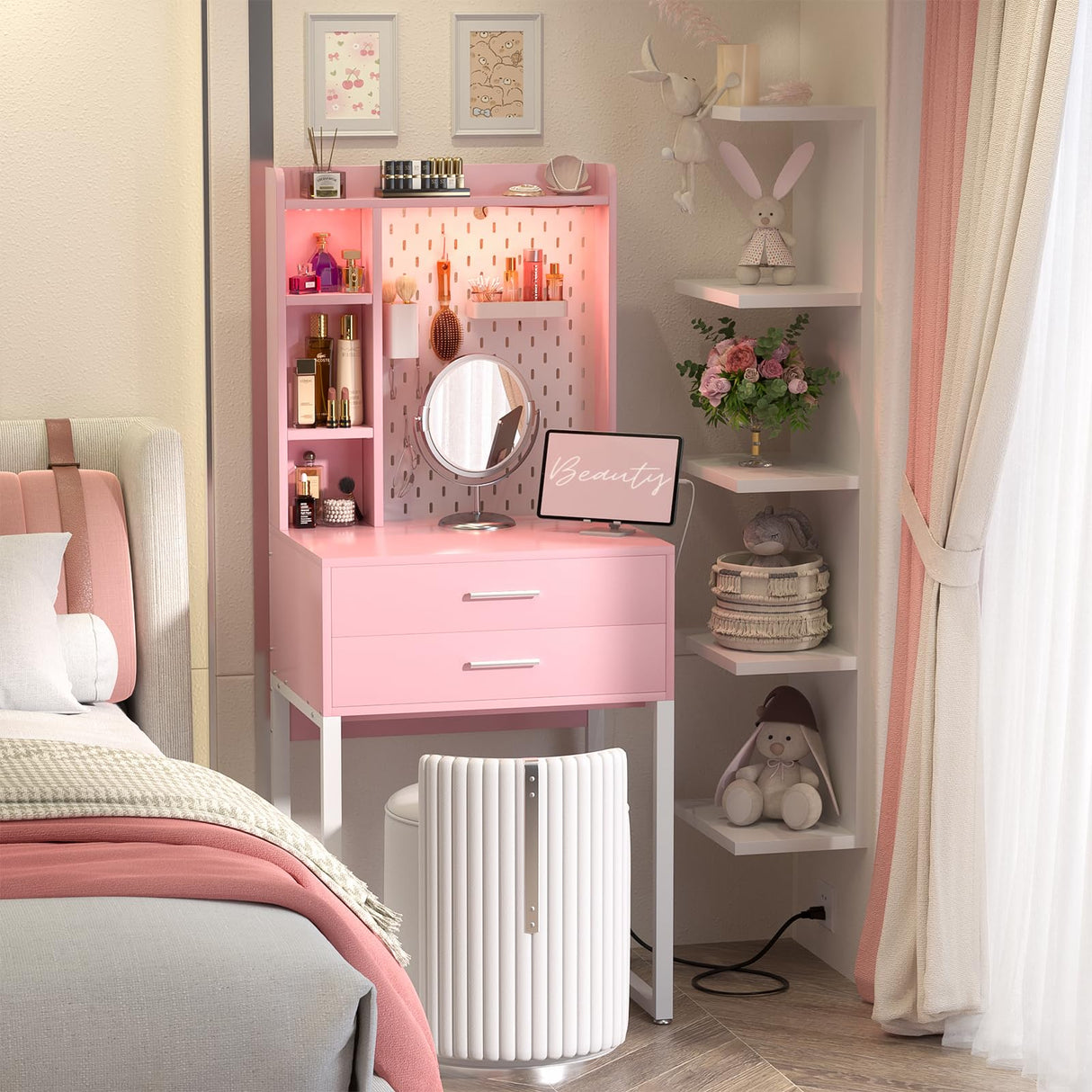 Besiost Small Vanity Desk with Hutch and Drawers, Pink Makeup Vanity Desk with Charging Station, Vanity Table Dressing Table with LED Lights, Vanity Desk No Mirror with Pegboard for Girls Women, 24" Besiost