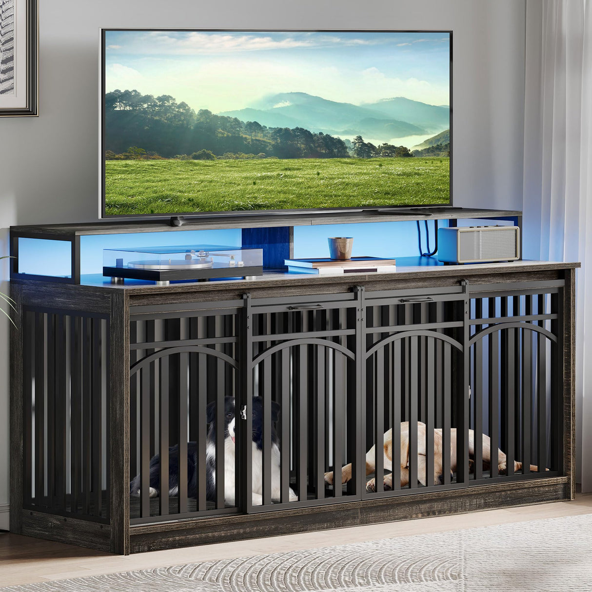 DWVO 71" Double Dog Crate Furniture with LED Light & Power Outlets, Heavy Duty Dual Dog Kennel TV Stand w Storage Shelves Sliding Doors, Wooden Two Dog Cage Table 2 Medium Large Dogs, Black Oak DWVO