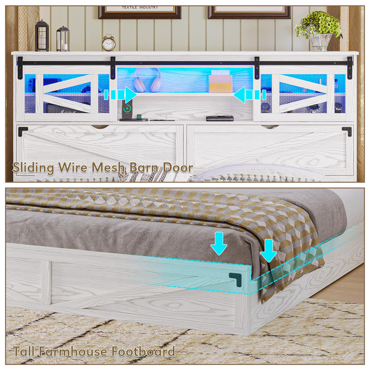 busyaeh Farmhouse Bed Frame Queen Size with Storage Bookcase Headboard, Wooden Queen Bed Frame with Charging Station & Led Light, Rustic Platform Bed Frame with Sliding Barn Door, No Box Spring Needed busyaeh