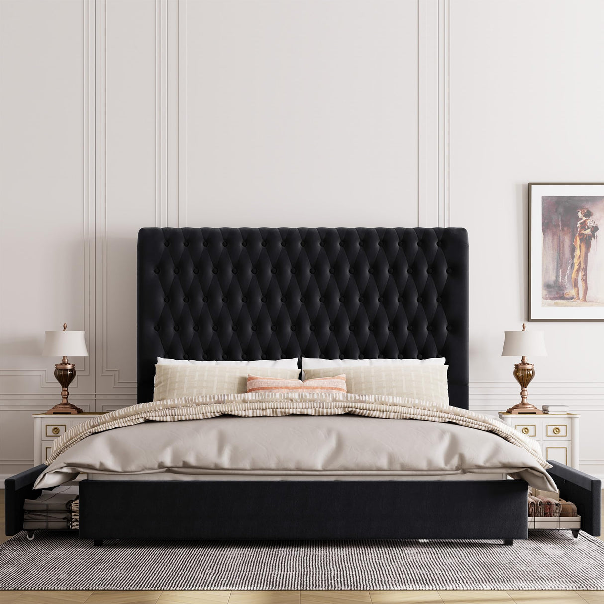King Size Bed Frame 55" Tall Headboard with Gorgeous Button Tufted and Nail, Velvet Fabric Upholstered Bed Frame includes 4 Under-bed Storage Drawers, Wooden Slats, Noise-Free, Easy Assembly, Black Keyluv