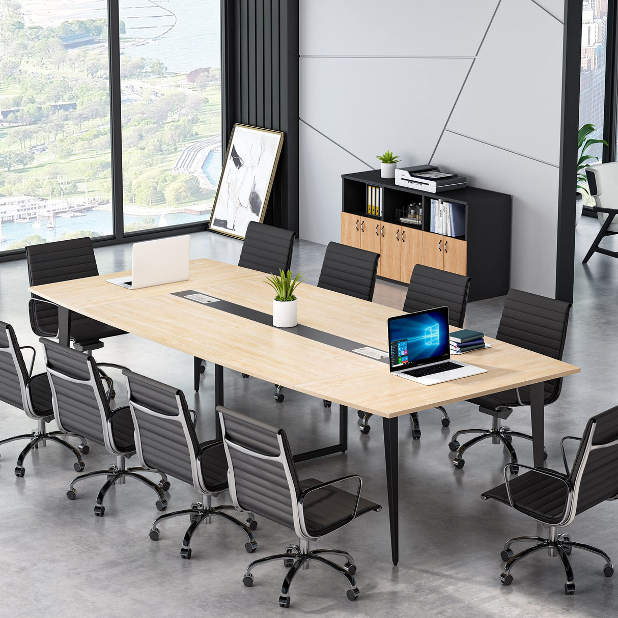 Tribesigns 8FT Conference Table, 94.48L x 47.24W x 29.52H Inches Large Boat Shaped Meeting Seminar Table with Cable Grommets, Modern Conference Room Table for Office (Light Wood Grain, 8ft) Tribesigns