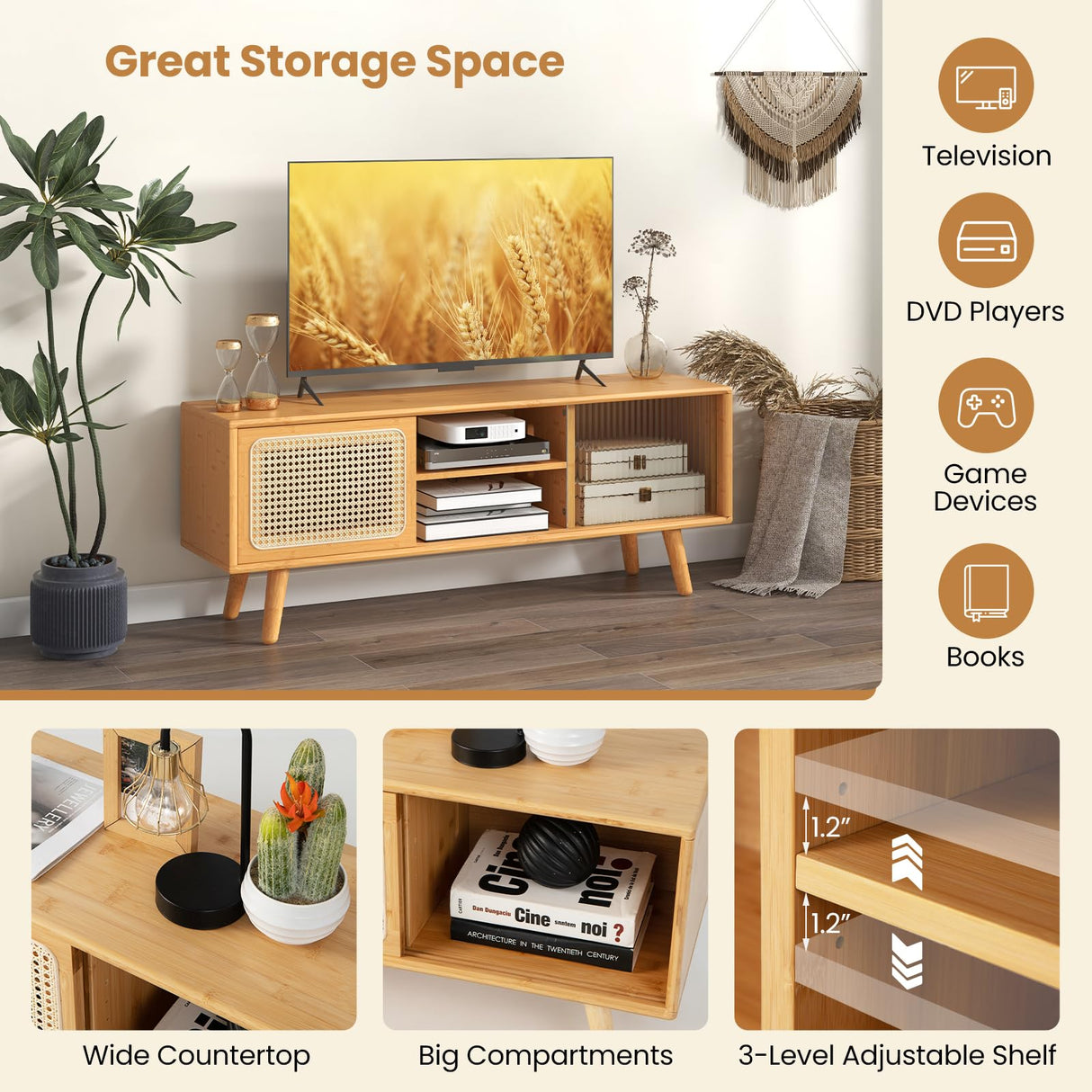 Giantex TV Stand for Living Room TVs up to 55”- Bamboo Entertainment Center with 3-Level Adjustable Shelf, Cable Management Holes, PE Rattan & Tempered Glass Sliding Door, TV Cabinet for Bedroom Giantex