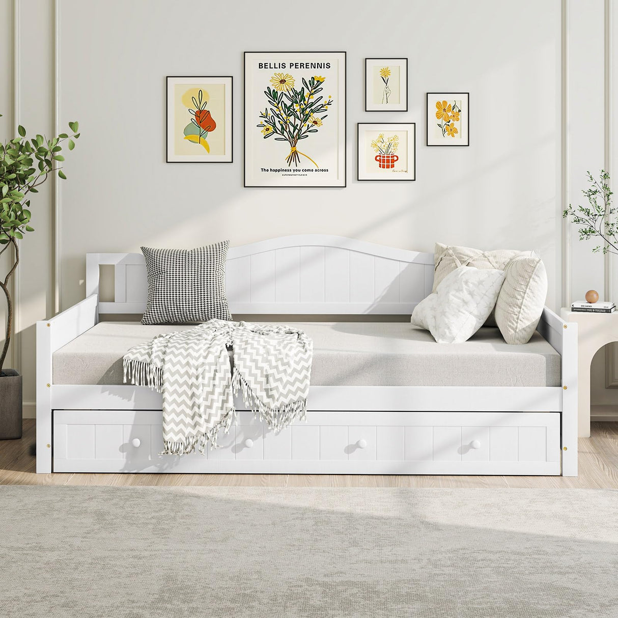 Giantex Twin Daybed with Trundle, Solid Wood Day Bed with Slats Support, Integrated Headboard & Armrests, Modern Trundle Bed Twin for Living Room, Bedroom, Guest Room, No Box Spring Needed (White) Giantex