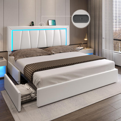 DICTAC LED California King Bed Frame with 4 Storage Drawers, Adjustable Headboard & USB Ports - White Faux Leather