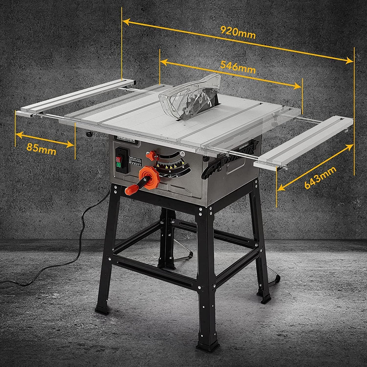 Table Saw, Towallmark 10 Inch 15A Multifunctional Saw with Stand & Push Stick, 90° Cross Cut & 0-45° Bevel Cut, 5000RPM, Adjustable Blade Height for Woodworking Towallmark