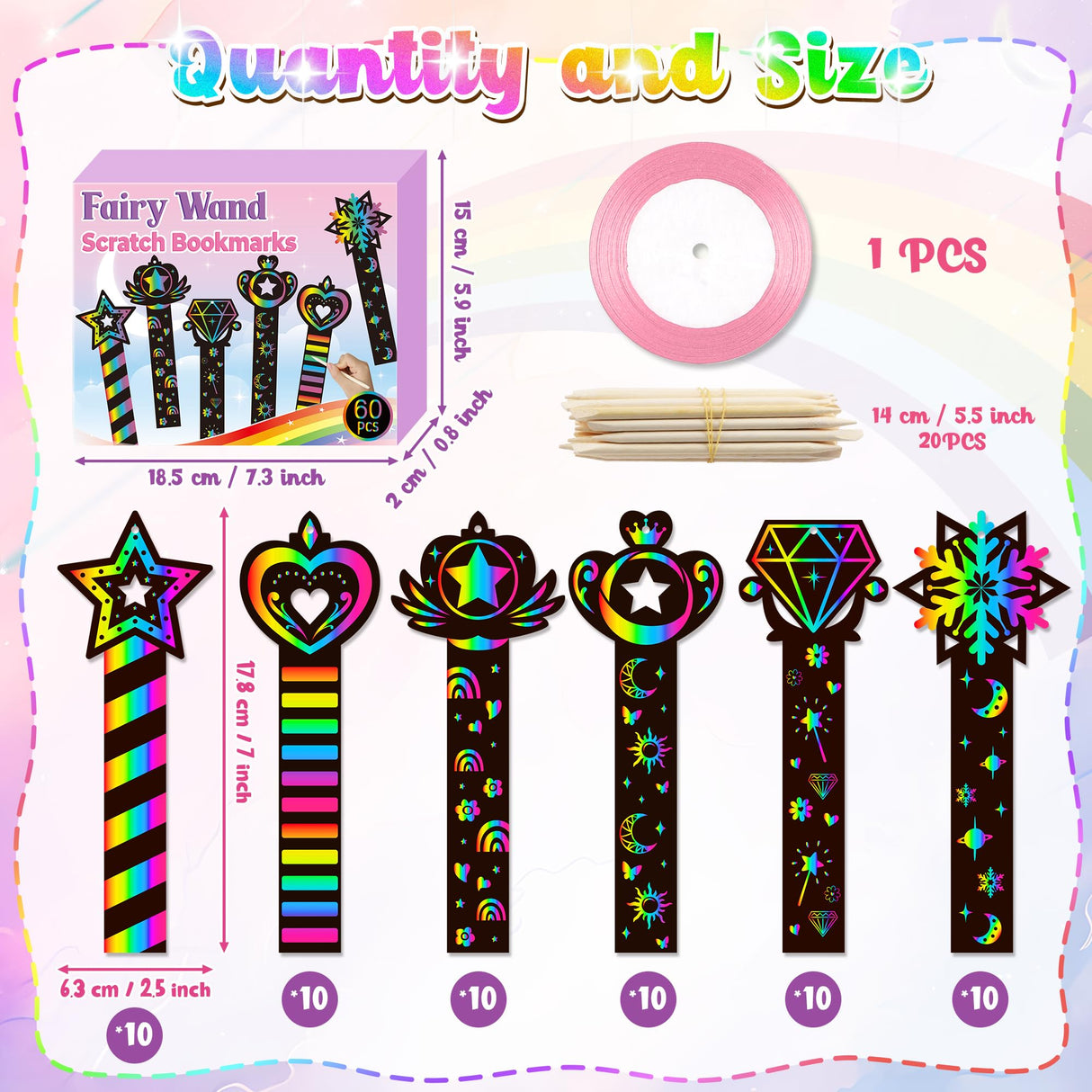 CY2SIDE 60PCS Princess Fairy Wand Scratch Bookmarks for Girls, Make Your Own Fairy Stick Scratch Paper Magic Wands Bookmark, DIY Princess Stick Rainbow Crafts Ornaments for Kids Birthday Party CY2SIDE