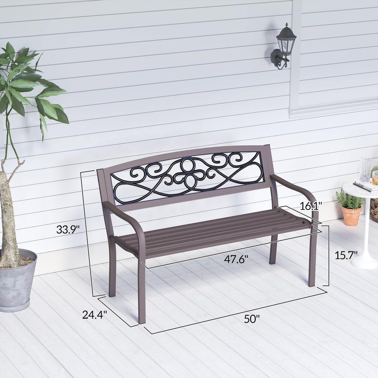 Outsunny 50" Outdoor Bench, Metal Garden Bench with Floral Pattern Backrest, Porch Bench with Slatted Seat for Park, Yard, Lawn, Brown Outsunny