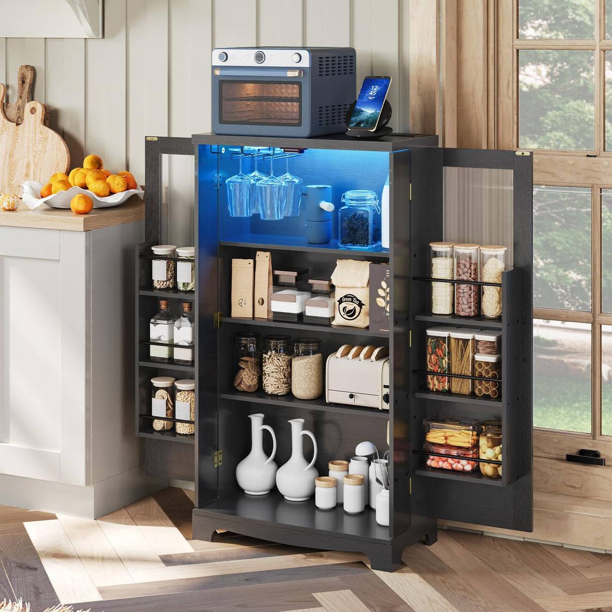 HOOBRO 43" Kitchen Pantry Cabinet, kitchen Storage Cabinet with Power Outlets, Pantry Cabinet with LED Lights and Adjustable Shelf, Pantry Glass Doors Holders, for Kitchen, Dining Room, Black and Gold HOOBRO