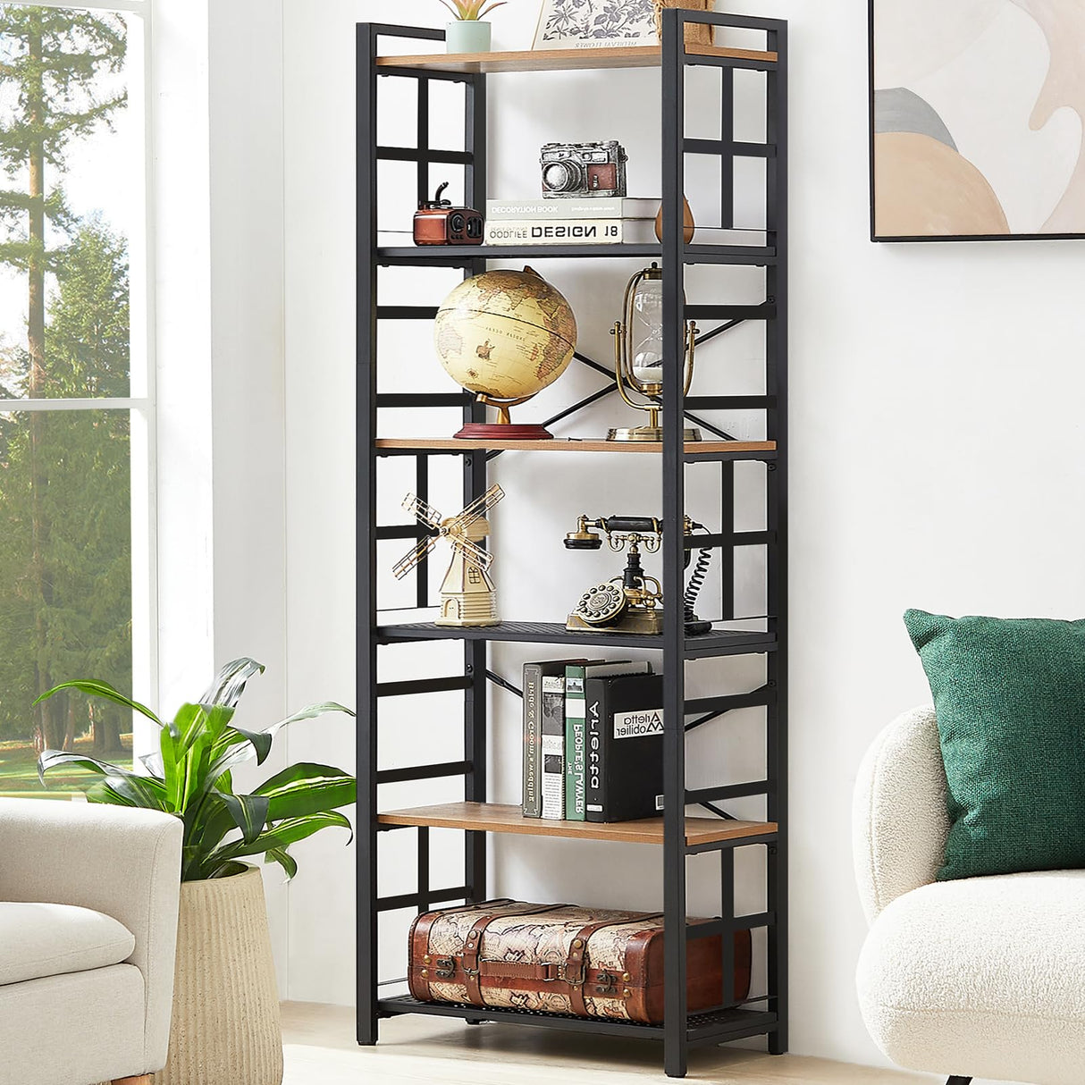 HOMBAZAAR 6-Tier Industrial Bookshelf with Metal Frame in Rustic Brown HOMBAZAAR