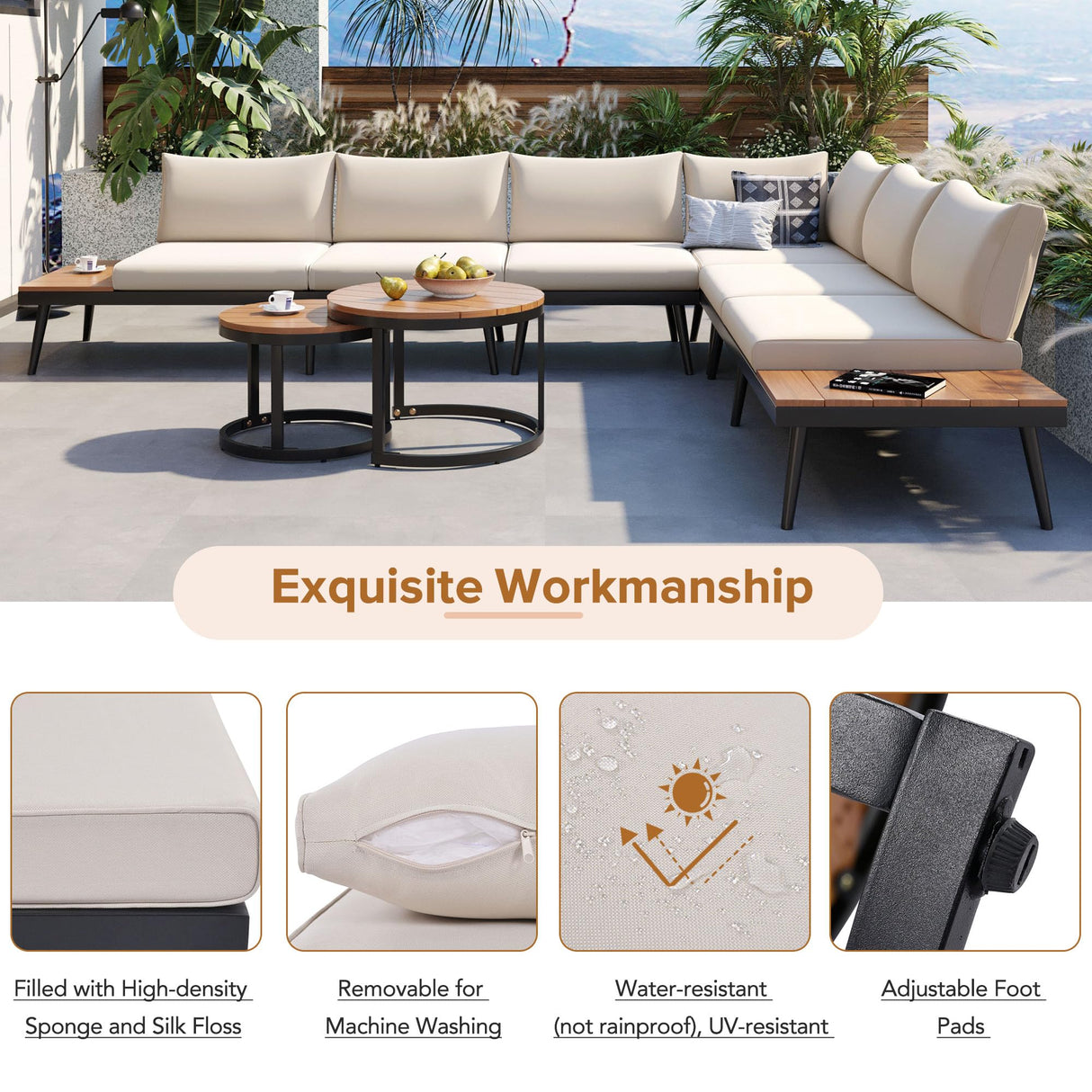 Modern Outdoor Sectional Sofa Set with Round Nesting Coffee Tables and Cushions,6-Piece Patio Furniture Set for Porch,Garden,Poolside and Balcony (Beige) CKLMMC