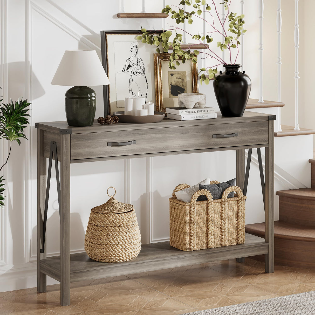 ChooChoo 47'' Farmhouse Console Table with Drawer, Entryway Table with Storage Shelf, Rustic A-Design Sofa Table for Hallway, Entrance, Living Room, Grey ChooChoo