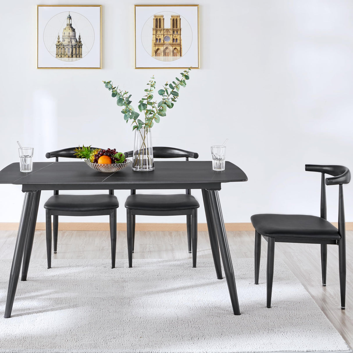 Yaheetech Mid Century Dining Chairs Armless with Backrest Modern Kitchen Chairs Metal Legs Fabric Leather Seat Set of 4, Black Yaheetech