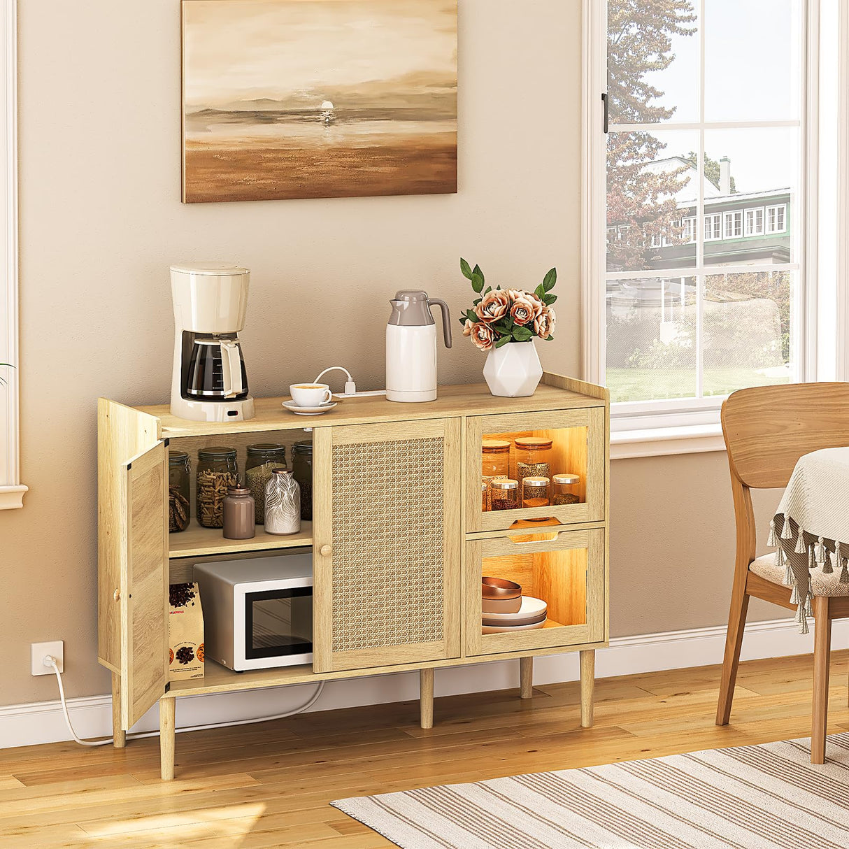 HOOBRO Buffet Cabinet with Power Outlet, 47.2" Kitchen Sideboard Storage Cabinet & LED Light, Rattan Decor Doors, Accent Cabinet Coffee Bar Cabinet Console Table for Hallway Entry, Natural NL120UDCB01 HOOBRO