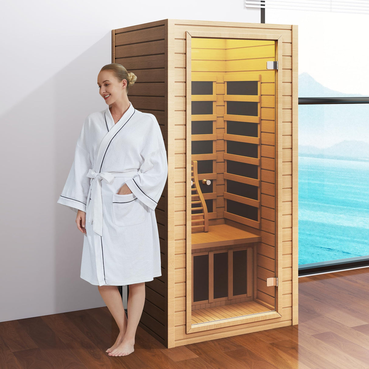 springspa Far Infrared Sauna 1 Person Indoor Sauna Spa Room, Canadian Hemlock Wooden Infrared Saunas for Home with Low Emf Lighting, Bluetooth Speakers, LCD Control Panel, 9 Chromotherapy springspa