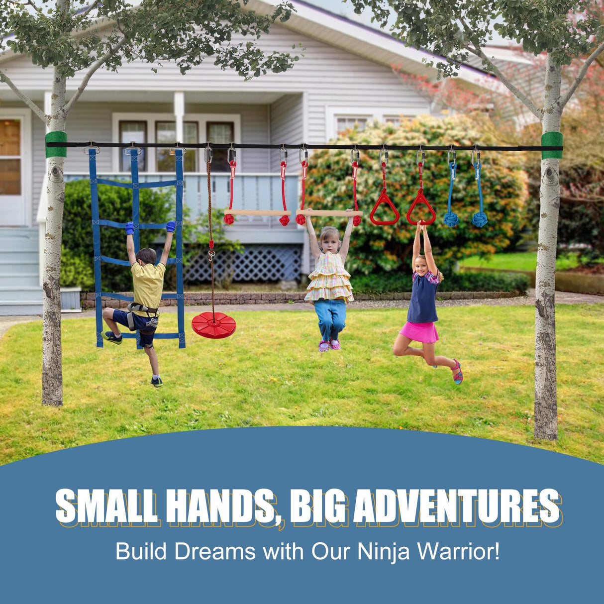 Slsy Ninja Warrior Obstacle Course for Kids, 50FT Durable Ninja Slackline Kit with 8 Complete Accessories, Playset Equipment with Swing, Climbing Net, Ladder & Monkey Bars (8 Obstacles) Slsy