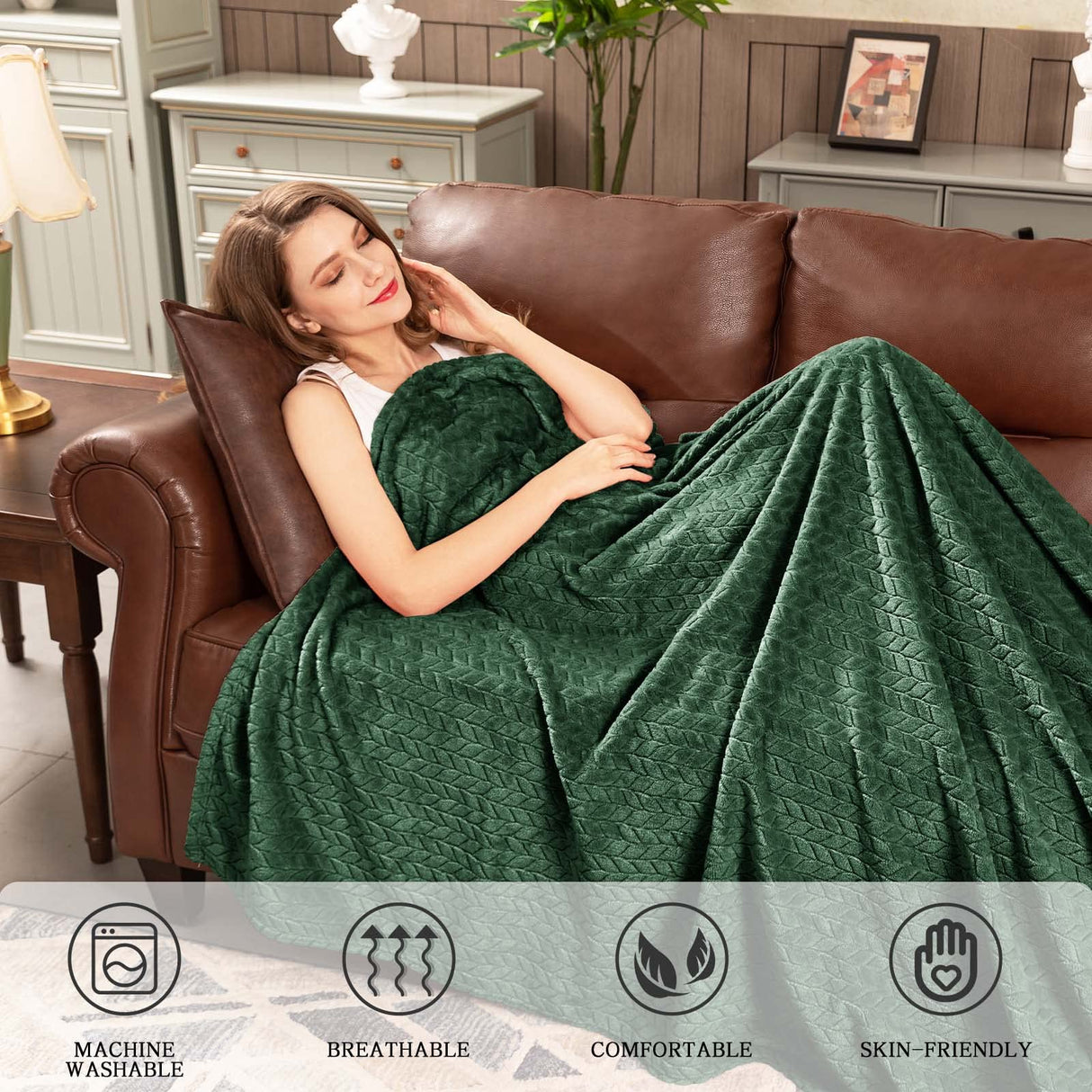 Inhand Fleece Throw Blankets, Super Soft Flannel Cozy Blankets for Adults, Washable Lightweight Blanket for Couch Sofa Bed Office, Warm Plush Blankets for All Season (50"×60", Green) inhand
