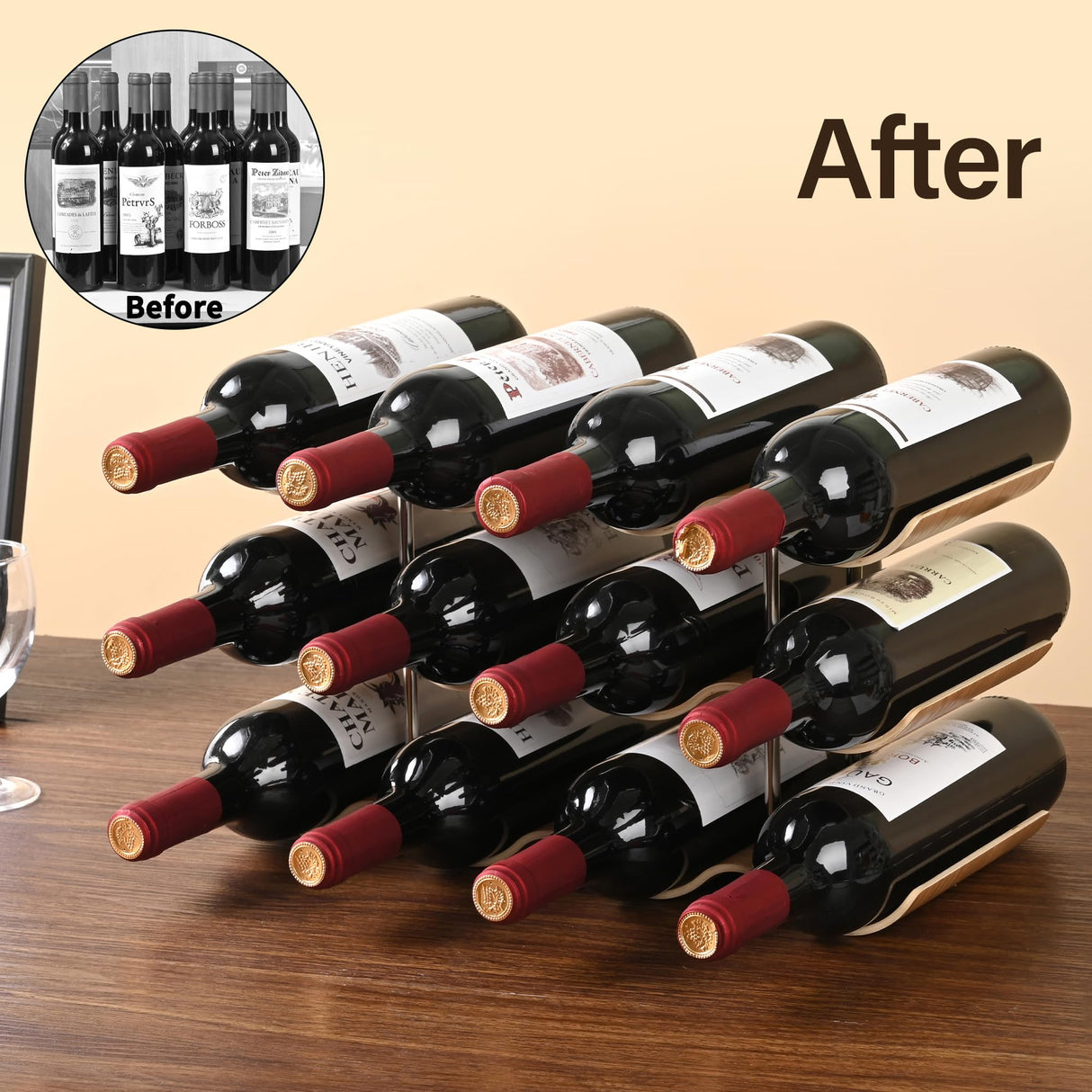TRUDING Countertop Wine Rack - 12 Bottle Freestanding Wine Bottle Holder Stand - 3 Tier Wooden Wine Storage Rack - Wavy Wine Organizer for Cabinet TRUDING