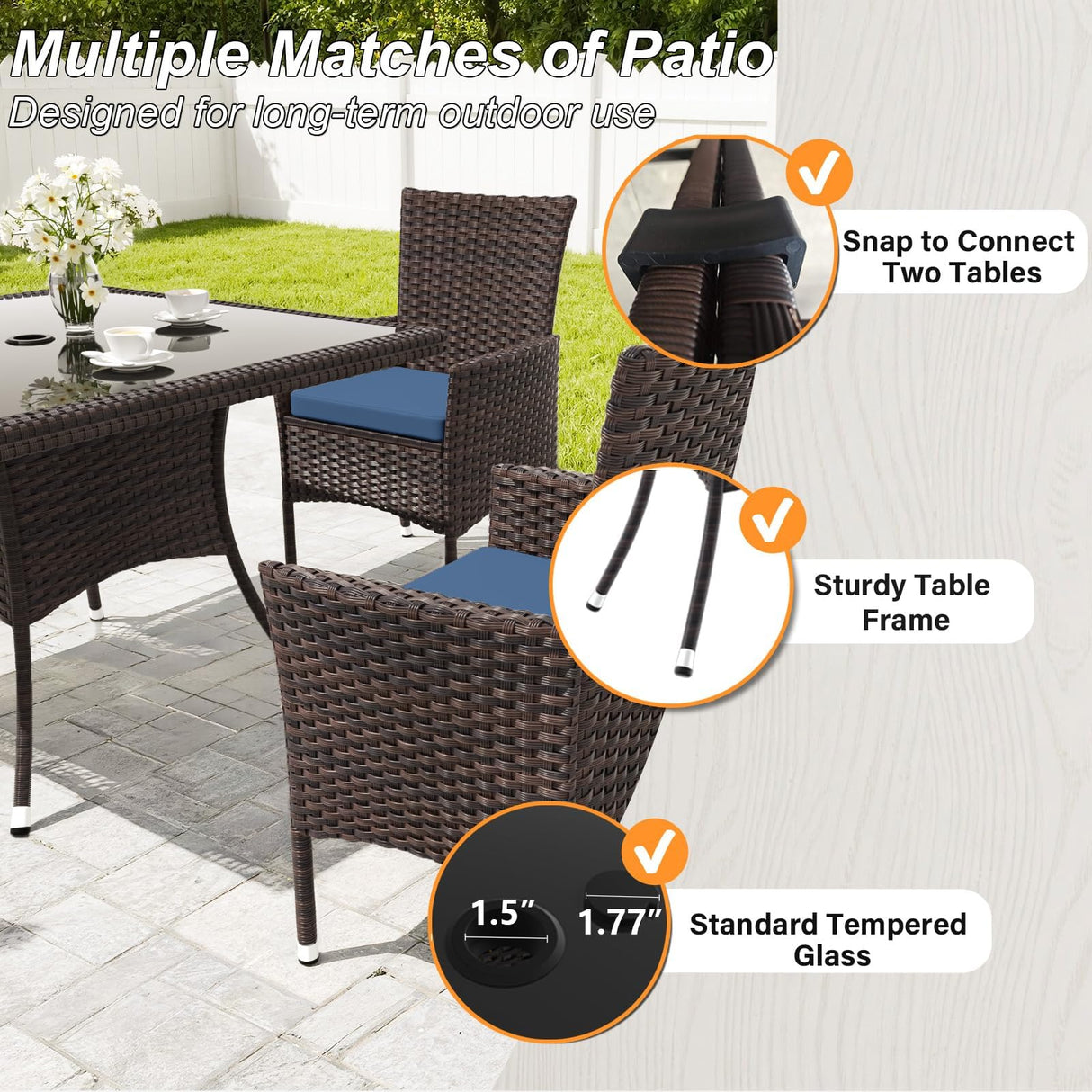 Gotland 5-Piece All-Weather Rattan Patio Dining Set with Tempered Glass Table, Tilt Backrest, Umbrella Hole, and Removable Cushions for Lawn, Deck, Backyard Gotland