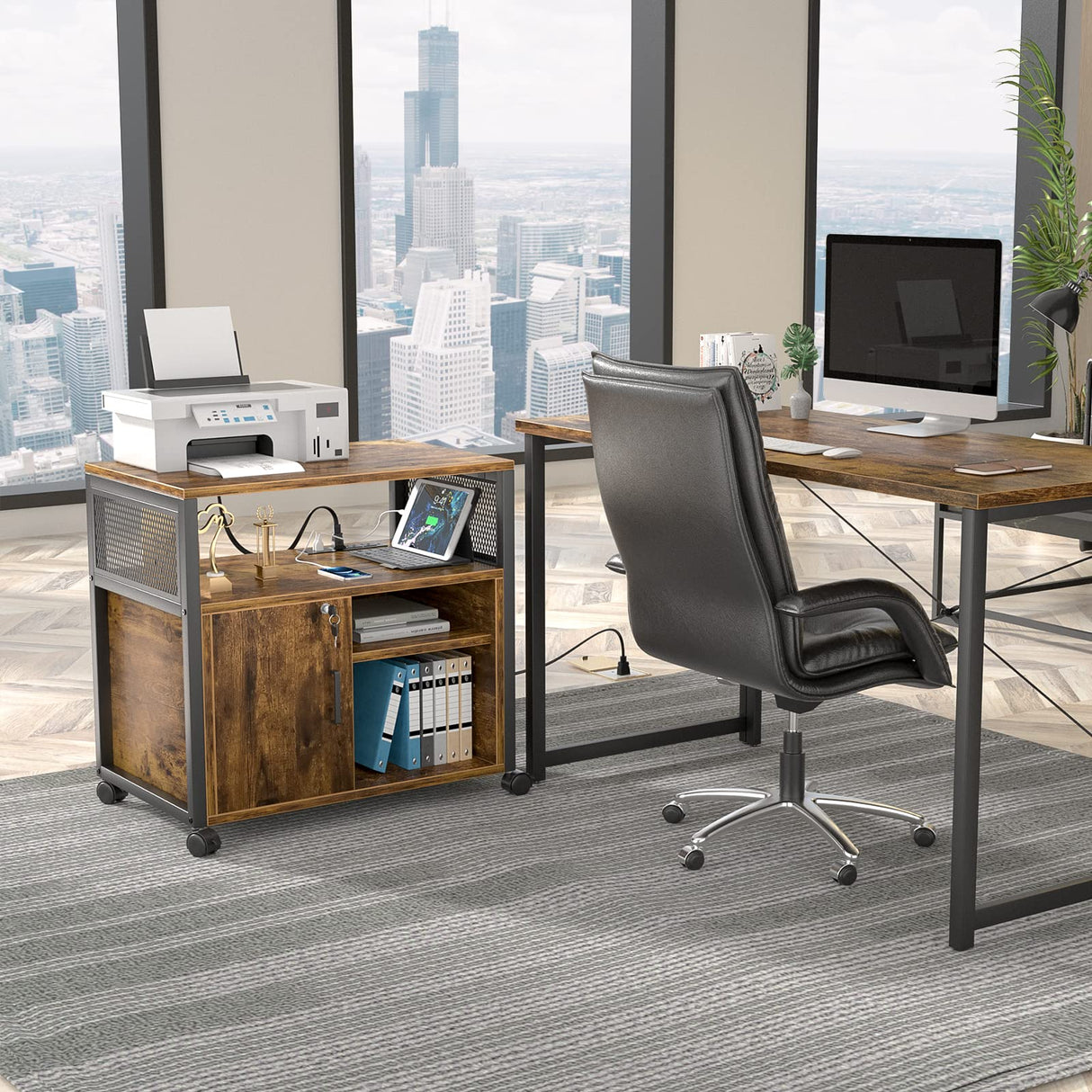 Unikito Lateral File Cabinet, Locking Office Filing Cabinets with Socket and USB Charging Port, Modern Rolling Printer Stand with Storage for A4, Letter Size and File Folders, Rustic Brown Unikito