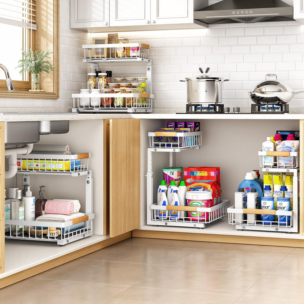 PXRACK 2 Pack Under Sink Organizer,Adjustable Height,2 Tier Pull Out Under Cabinet Organizer,Slide Out Thickened Metal Under Sink Storage for Kitchen Bathroom Laundry Cabinet Pantry,White PXRACK