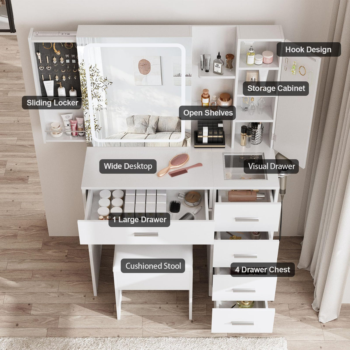 Fameill White Vanity Desk with Mirror and Lights,Makeup Vanity Table Set with Power Strip and Sliding Locker,Visual Drawer Makeup Desk with 5 Drawers&Shelves&Cabinet,3 Lighting Modes Fameill