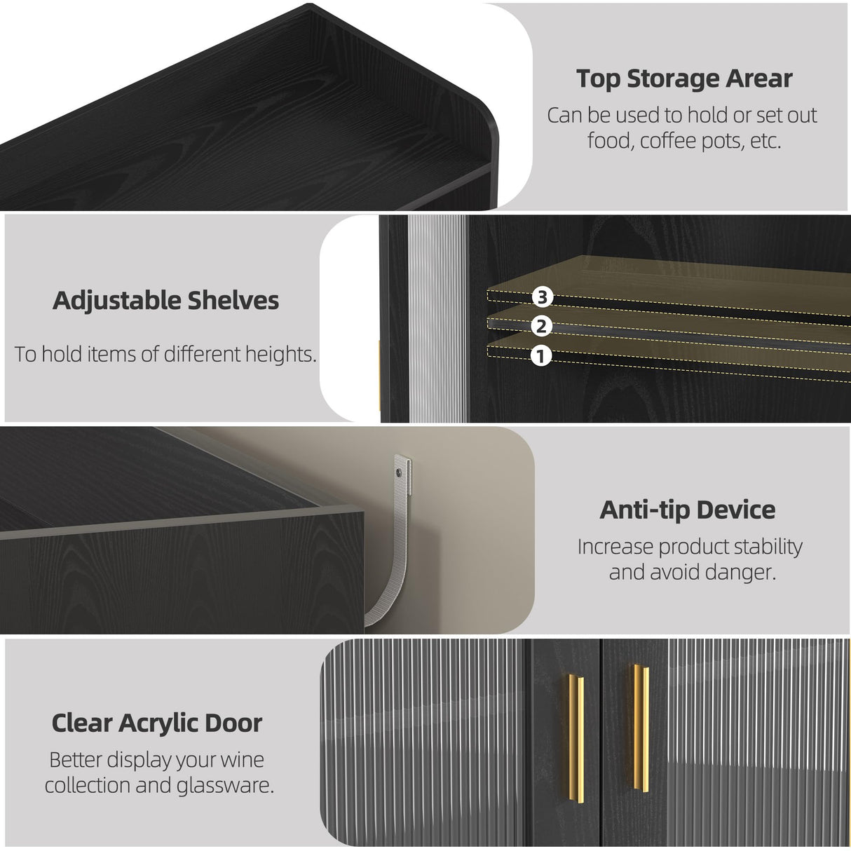 Wine Bar Cabinet with LED Light, Floating Coffee Cabinet with Wine and Glass Rack, Kitchen Buffet Sideboard with Glass Doors and Drawer, Modern Liquor Cabinet for home, Kitchen, Living Room, Black SYESWAY