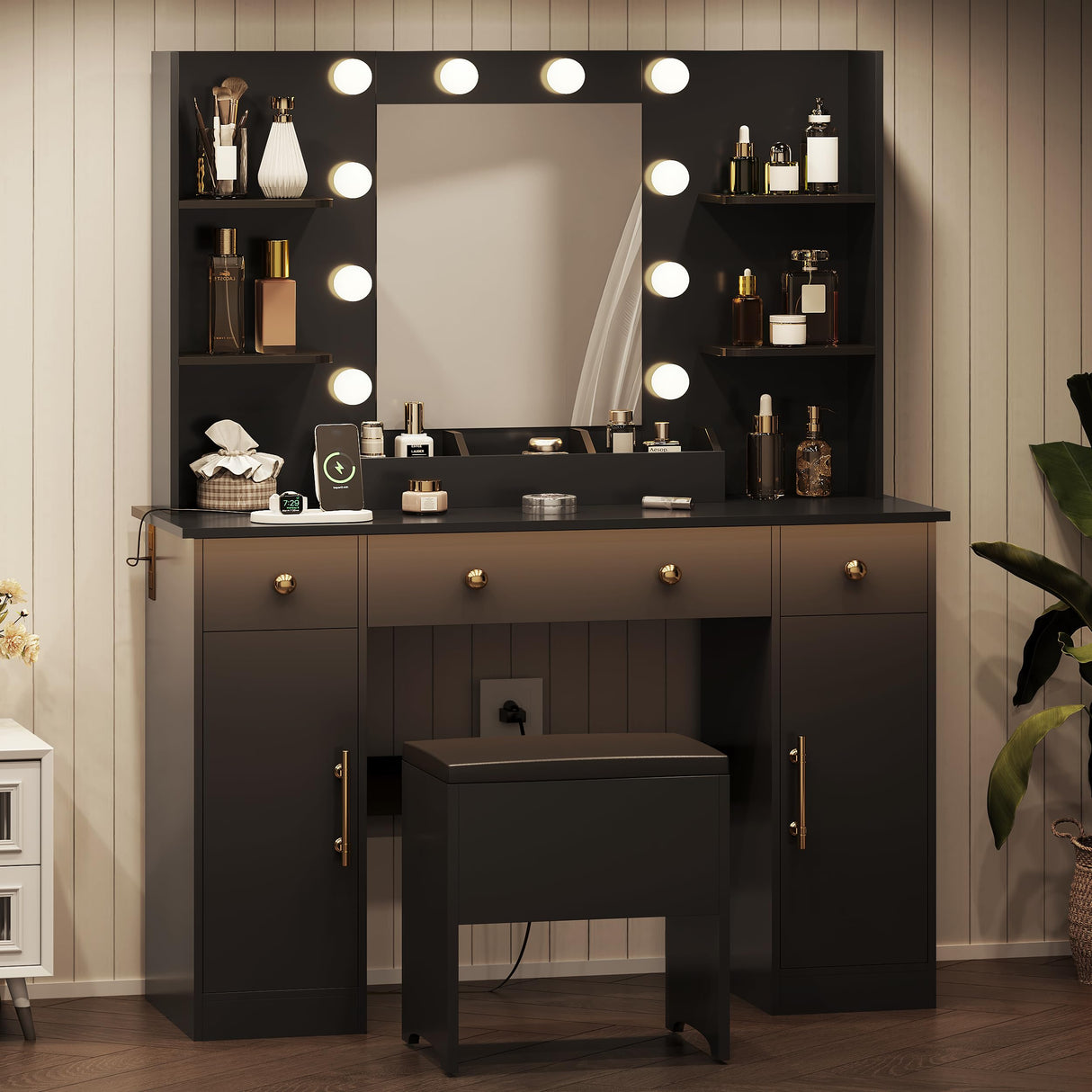 HUANLEGO Vanity Desk with Mirror and Lights, Black Makeup Vanity Mirror with RGB LED Lights, 3 Color Modes Adjustable Vanity Desk with Charging Station, 3 Drawers and Vanity Chair for Bedroom HUANLEGO