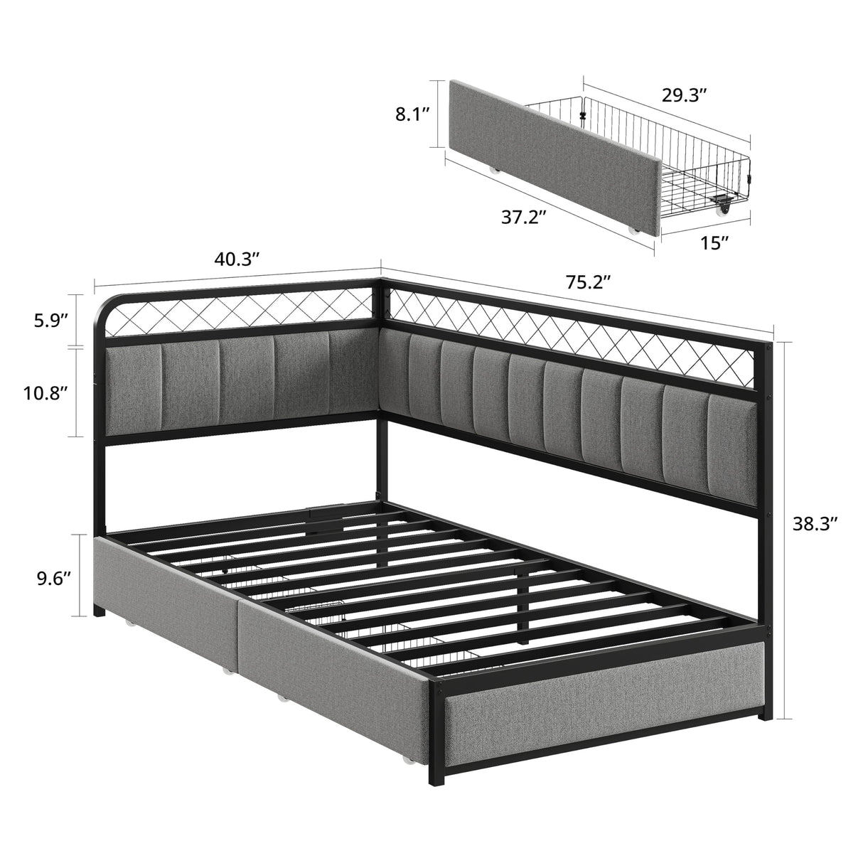 ANCTOR Twin Daybed with 2 Storage Drawers, Corner Bed Frame with LED and Charging Station, Metal Platform Daybed Frame for Living Room, Bedroom and Guest Room, Gray ANCTOR