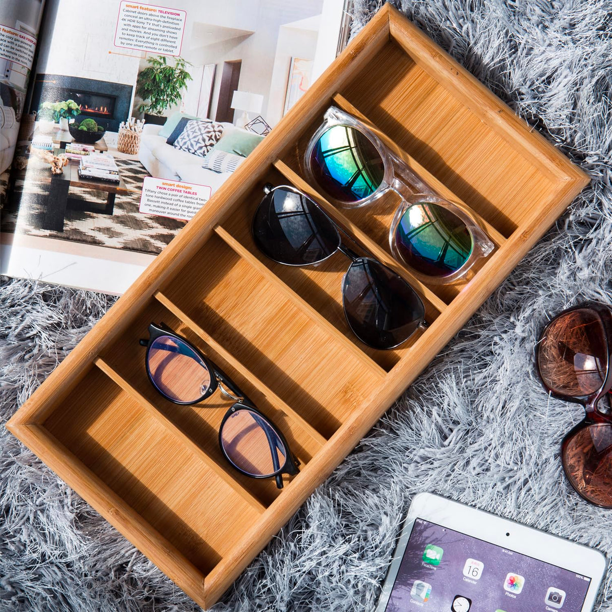 MyGift 7 x 15 inch Modern Bamboo 6-Slot Sunglasses Storage Case, Eyewear Display Tray MyGift