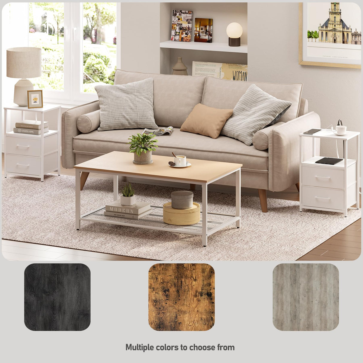 TUTOTAK End Table with Charging Station, Side Table with 2 USB Ports and Outlets, Nightstand with Cloth Drawer, Set of 2, Couch Table, White TB01BW052 TUTOTAK