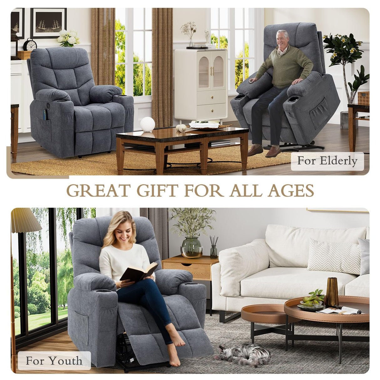 Esright Modern Electric Recliner Chair for Adults, Heavy Duty Power Lift Recliner with Heated Vibration Massage, Side Pockets, USB Charge Port & Cup Holders, Blue Grey Esright