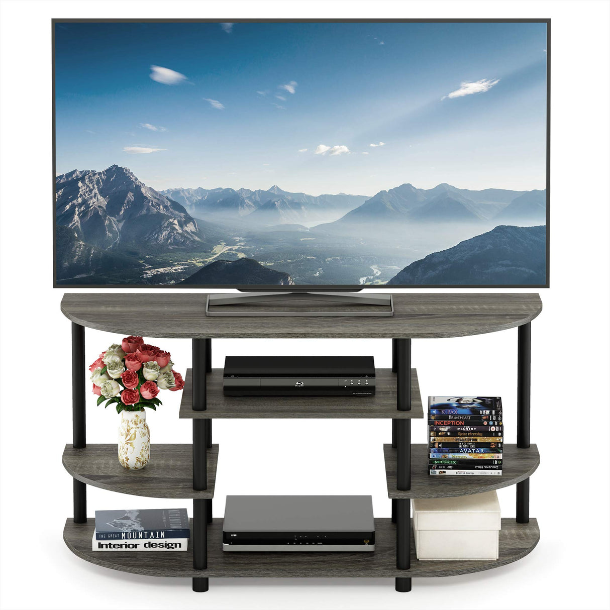 Furinno JAYA Simple Design Corner TV Stand, French Oak Grey/Black, 42.04 x 22.75 x 15.55 Inches Furinno