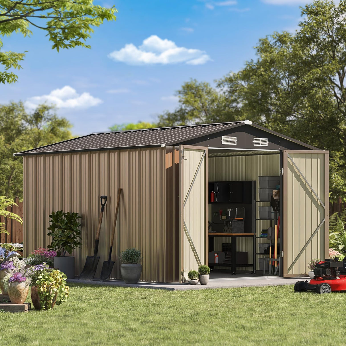 Patiowell 8x10 FT Outdoor Storage Shed, Large Garden Tool Metal Shed with Sloping Roof and Double Lockable Door, Outdoor Shed for Backyard Garden Patio Lawn, Brown Patiowell