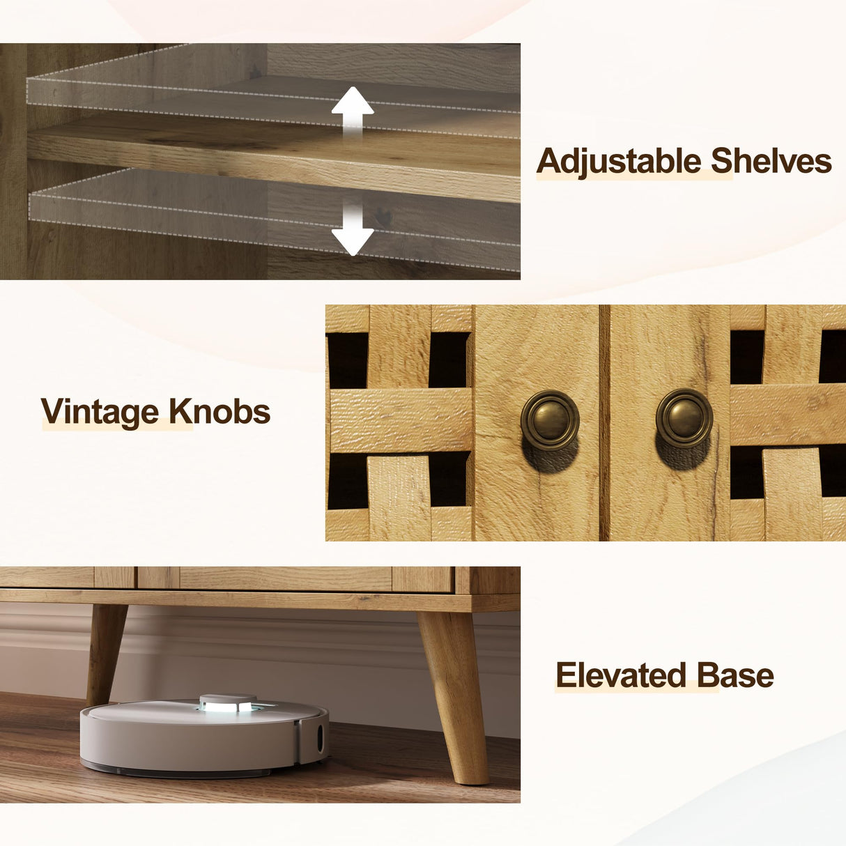 RoyalCraft Rattan Accent Cabinet with Doors, Farmhouse Buffet Entryway Cabinet with Oak Legs for Living Room, Natural Wooden Decorative Sideboard with Adjustable Shelf RoyalCraft