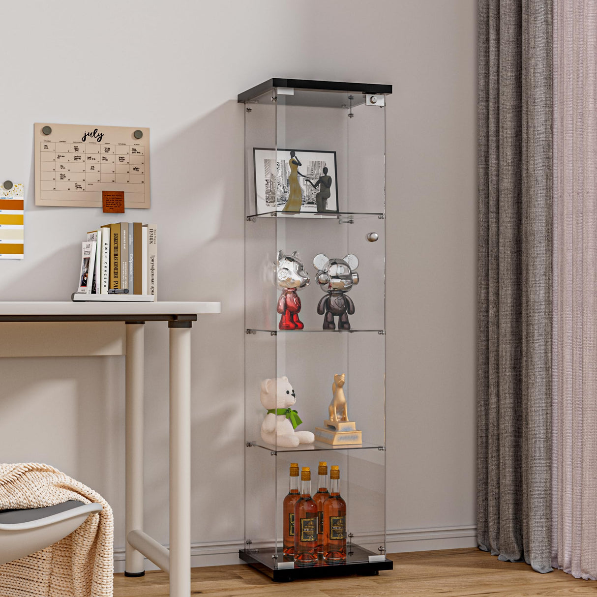 FANYUSHOW Glass Display Cabinet with Door and Lock, Quick-Install Style 4-Shelf Curio Cabinet 5mm Tempered Glass Floor Standing Bookshelf for Living Room, Bedroom, 65" H x 17''L x 14''W (Black) FANYUSHOW