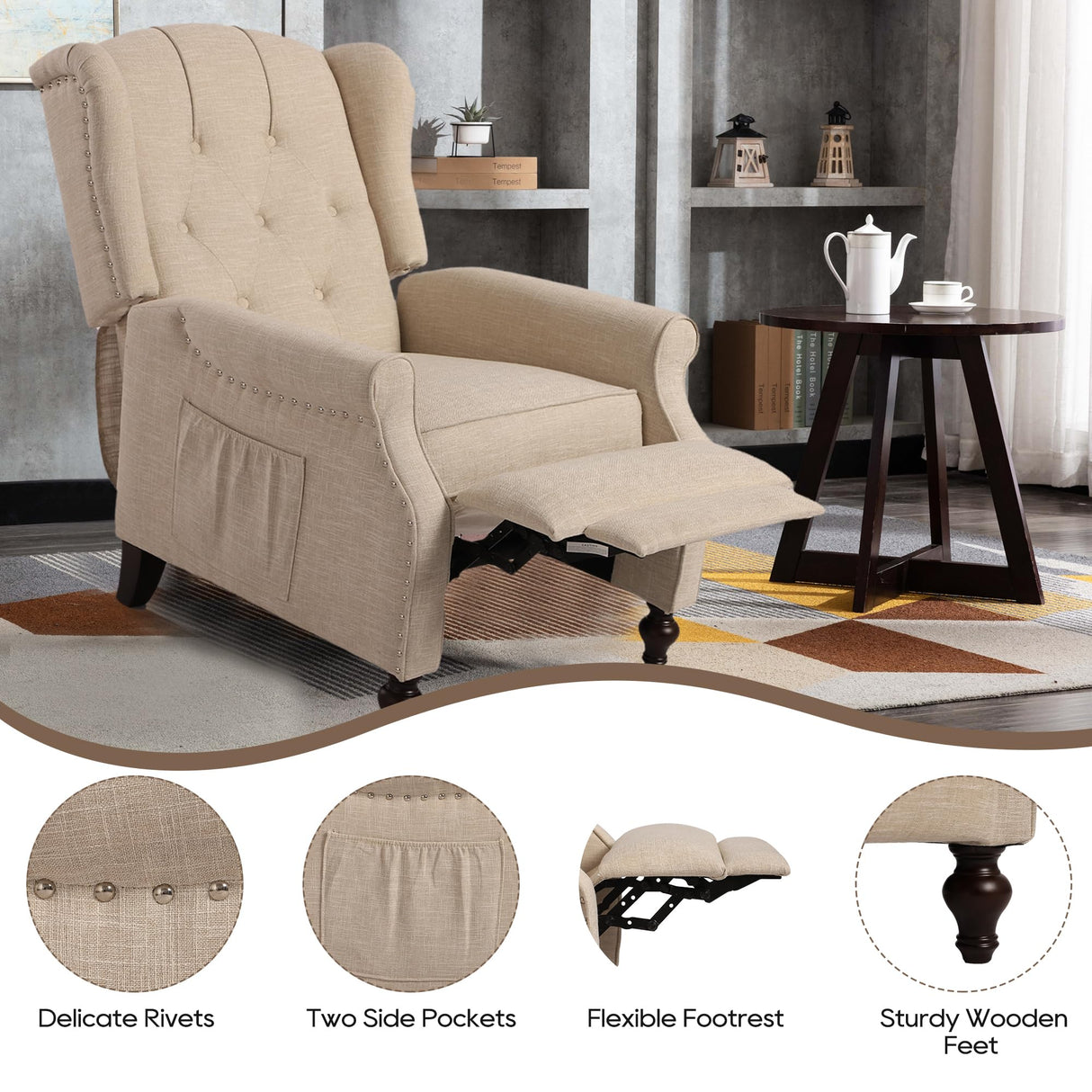 Consofa Wingback Recliner Chair with Massage and Heat, Tufted Fabric Push Back Recliner Chair for Living Room, Vintage Recliner Chair with Remote Control, Padded Cushion, Backrest, Wooden Legs Consofa