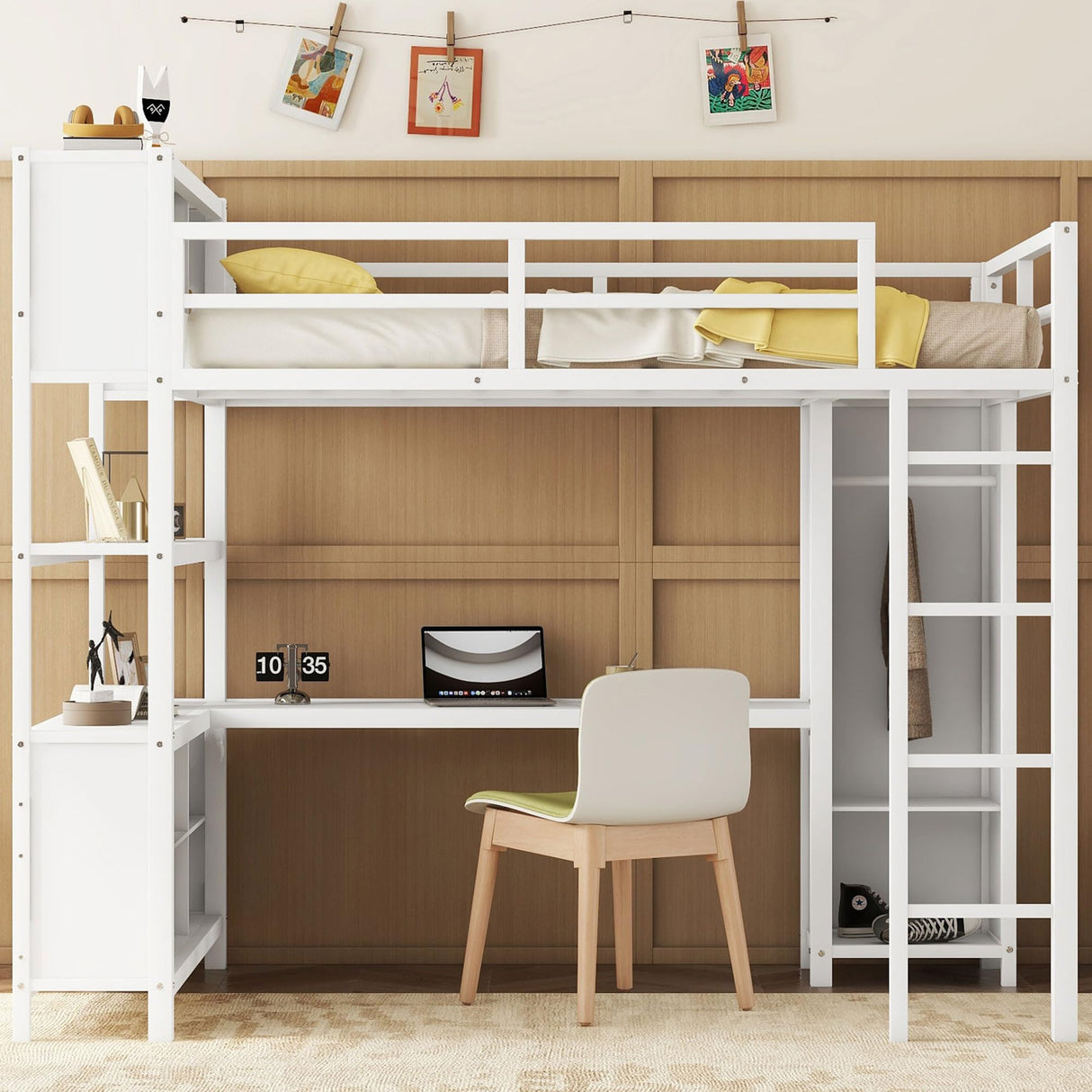 Full Size Loft Bed with Wardrobe and Storage Cubes, Heavy Duty Loft Bed with Desk, Storage Shelf and Guardrail, White Bellemave