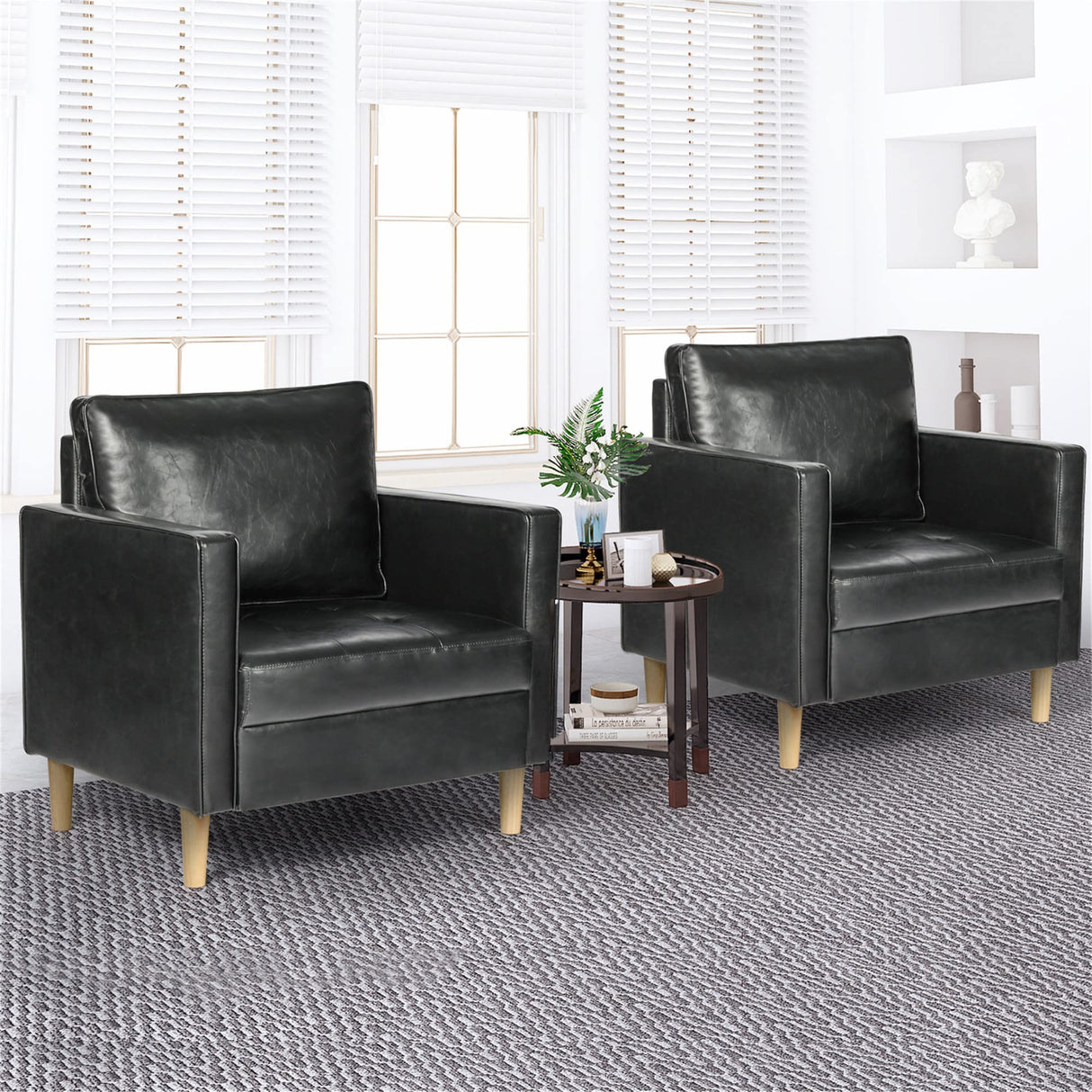 STHOUYN Black Faux Leather Accent Chairs Set of 2 Small Living Room Bedroom Chairs, Comfy Reading Chair Single Sofa for Adults, Suitable Small Spaces Office Couch, Easy Assembly STHOUYN