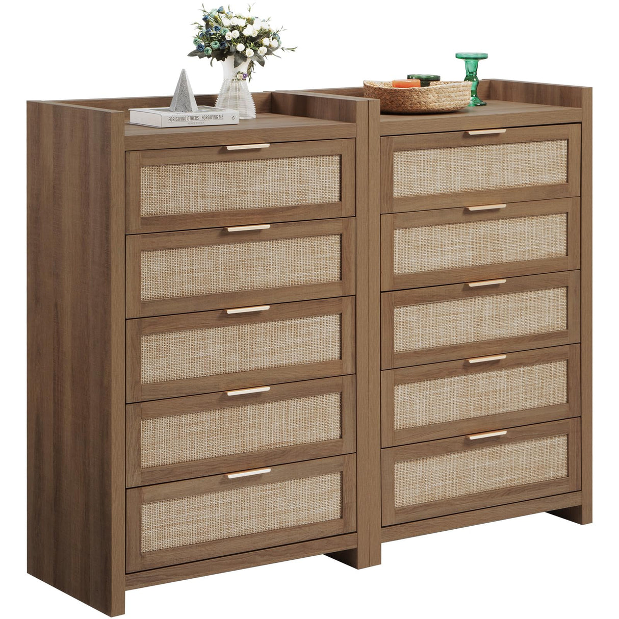 SICOTAS Dresser for Bedroom Chest of Drawers Tall Dresser with 5 Rattan Drawers Wood Dresser for Closet Boho Clothes Storage Tower Large Nightstand Sets for Living Room Hallway Nursery Entryway (2PCS) SICOTAS