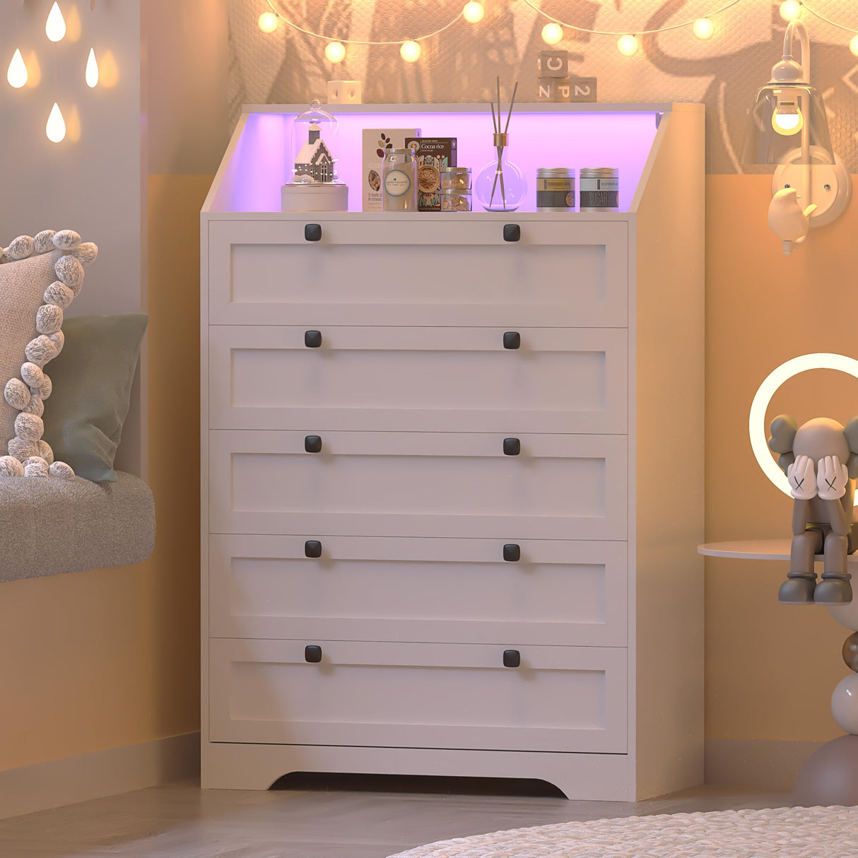Wodeer White Dresser Tall 5 Drawer Dresser for Bedroom, Wood Chest of Drawers with LED Lights, Charging Station, Metal Handles, Modern Storage Cabinet and Organizer Drawers for Living Room, Hallway