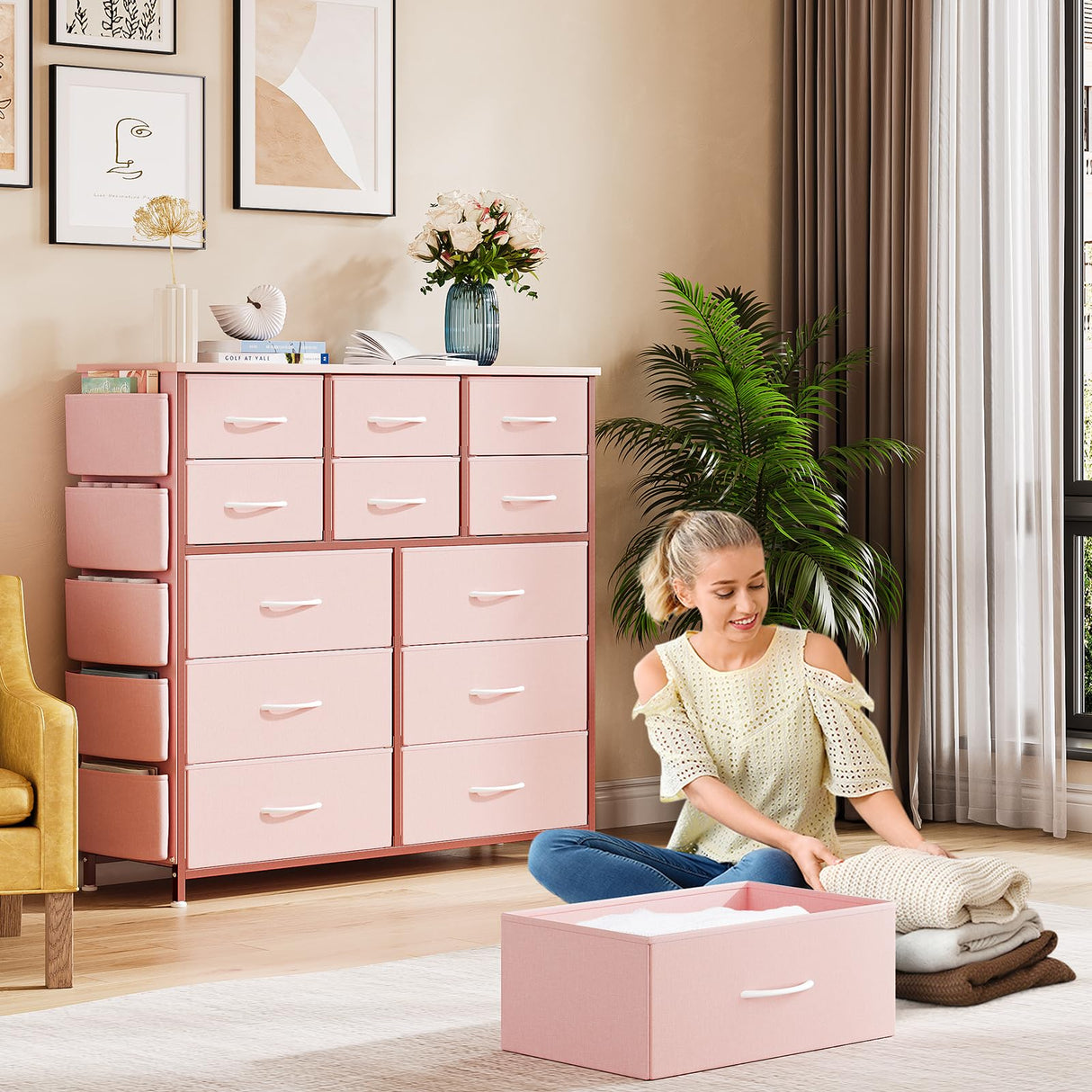 12 Dresser for Bedroom, Chest of Drawers for Bedroom with Side Pockets and Hooks, Fabric Storage Dresser, Sturdy Steel Frame, Wood Top, Easy Pull Handle (Pink) Jojoka