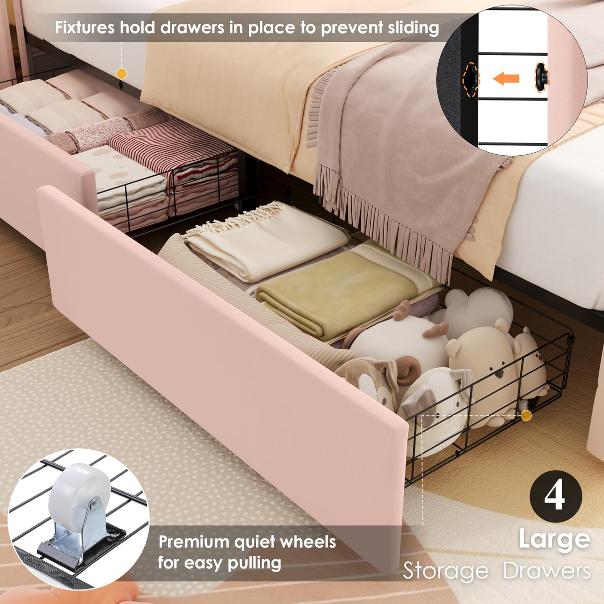 HIFIT Upholstered Twin LED Bed Frame with Crystal Button-Tufted Headboard and 4 Storage Drawers, Velvet Princess Twin Size Platform Bed Frames for Kids/Girls, No Box Spring Needed, Easy Assembly, Pink HIFIT