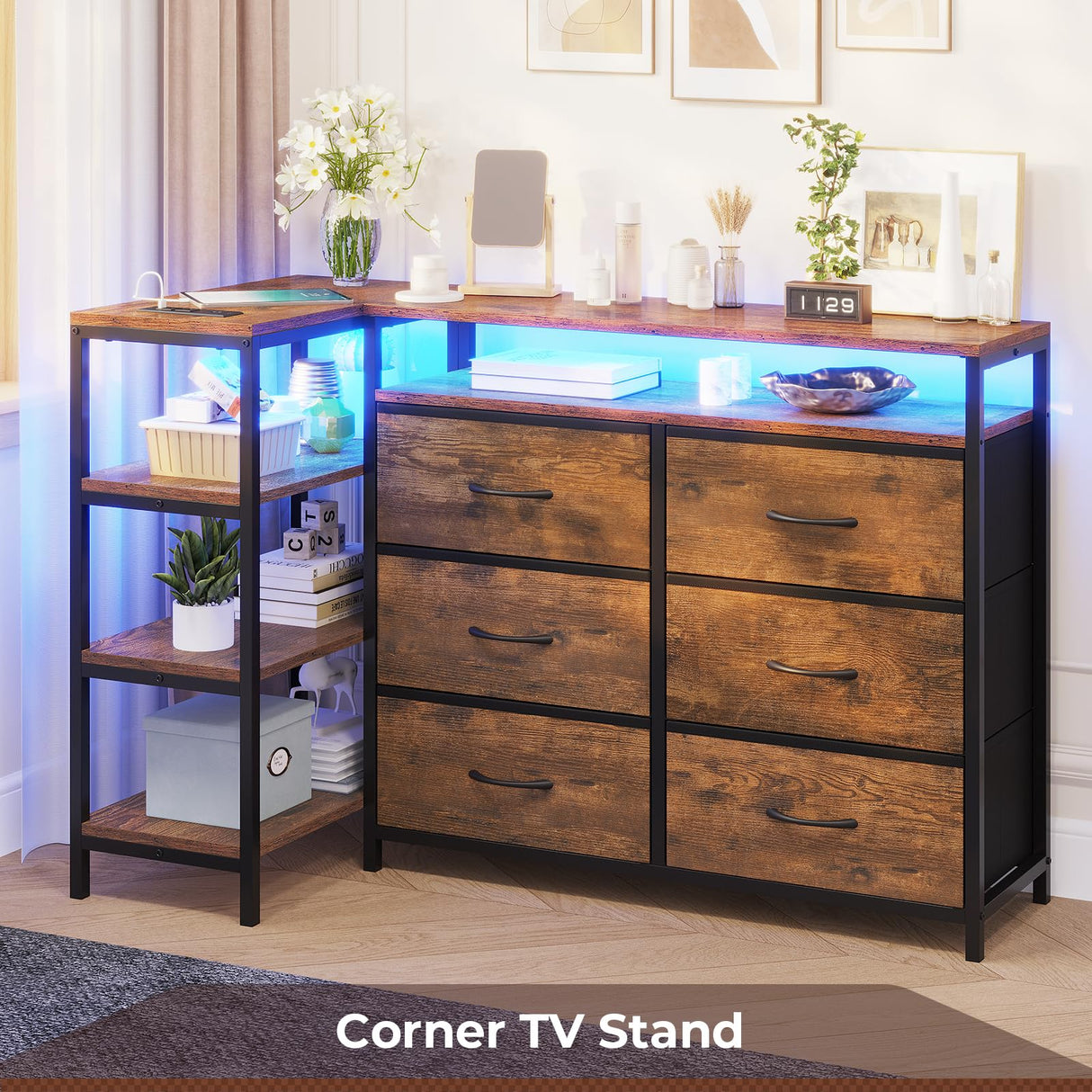 HAUOMS TV Stand for 60 Inches TV,TV Stand with Charging Station & LED Lights, 6 Fabric Drawers,Entertainment Center and Industrial TV Console Table with Shelves for Living Room, Bedroom,Rustic Brown HAUOMS