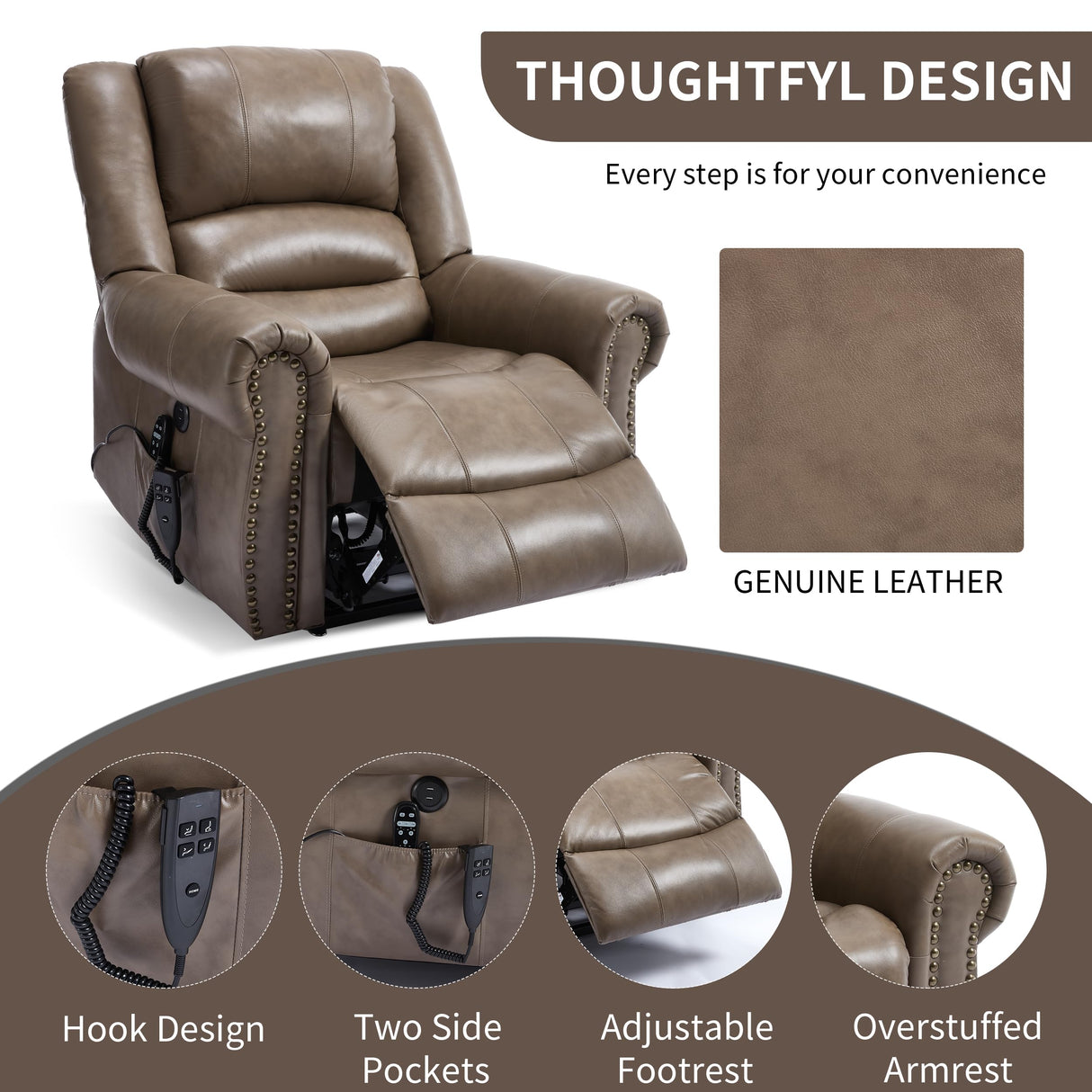 Dual Motor Power Lift Chair, Lay Flat Recliner Chair, Electric Recliner with Massage and Heat for Elderly, Remote Control, Infinite Position, Standing Assistance, USB Ports (Khaki, Genuine Leather) Trustyue