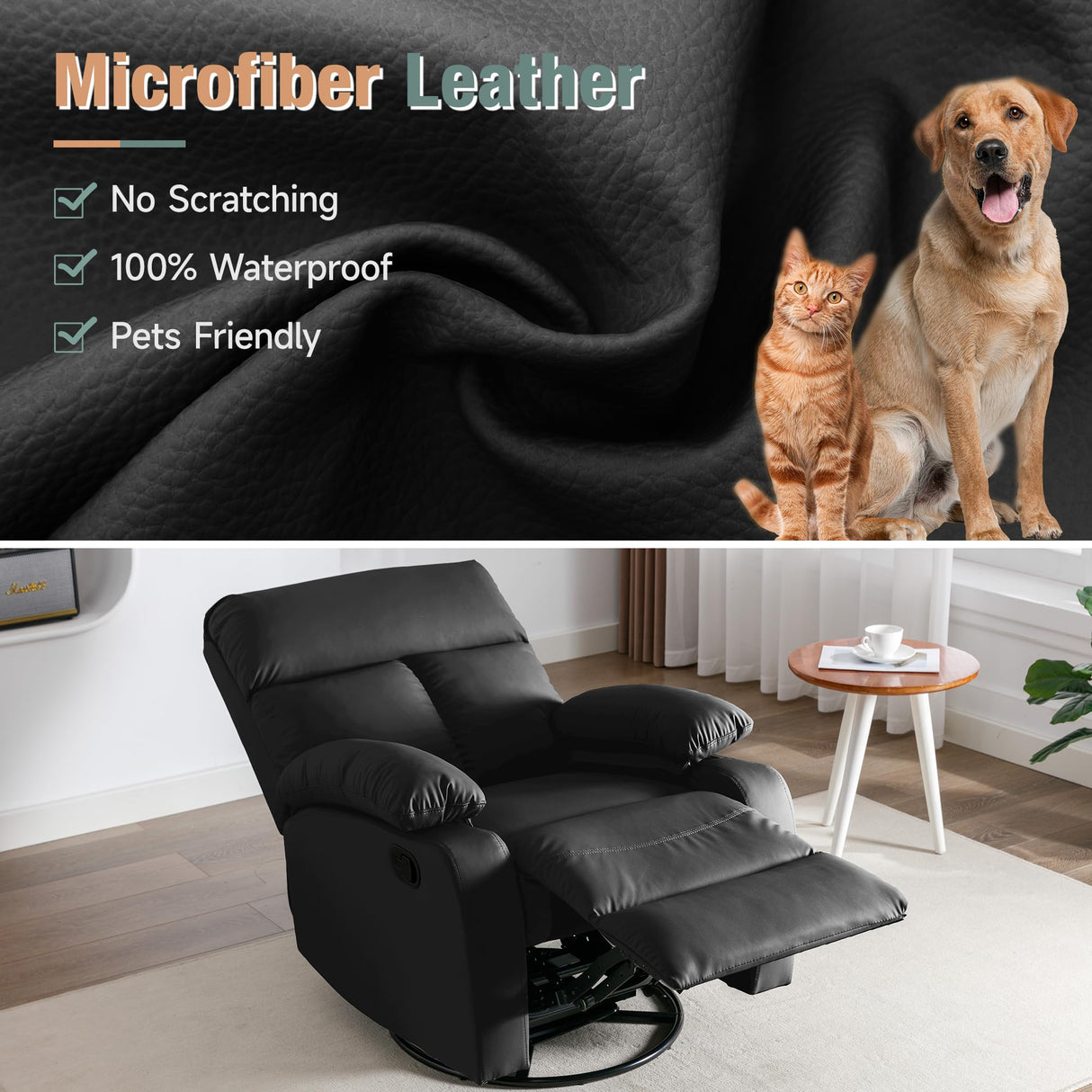 hzlagm Swivel Rocker Recliner, Rocking Recliners Chair for Small Spaces, Small Rocker Recliner Chair, Nursery Rocking Chairs for Living Room, RV, Nursery, Black hzlagm