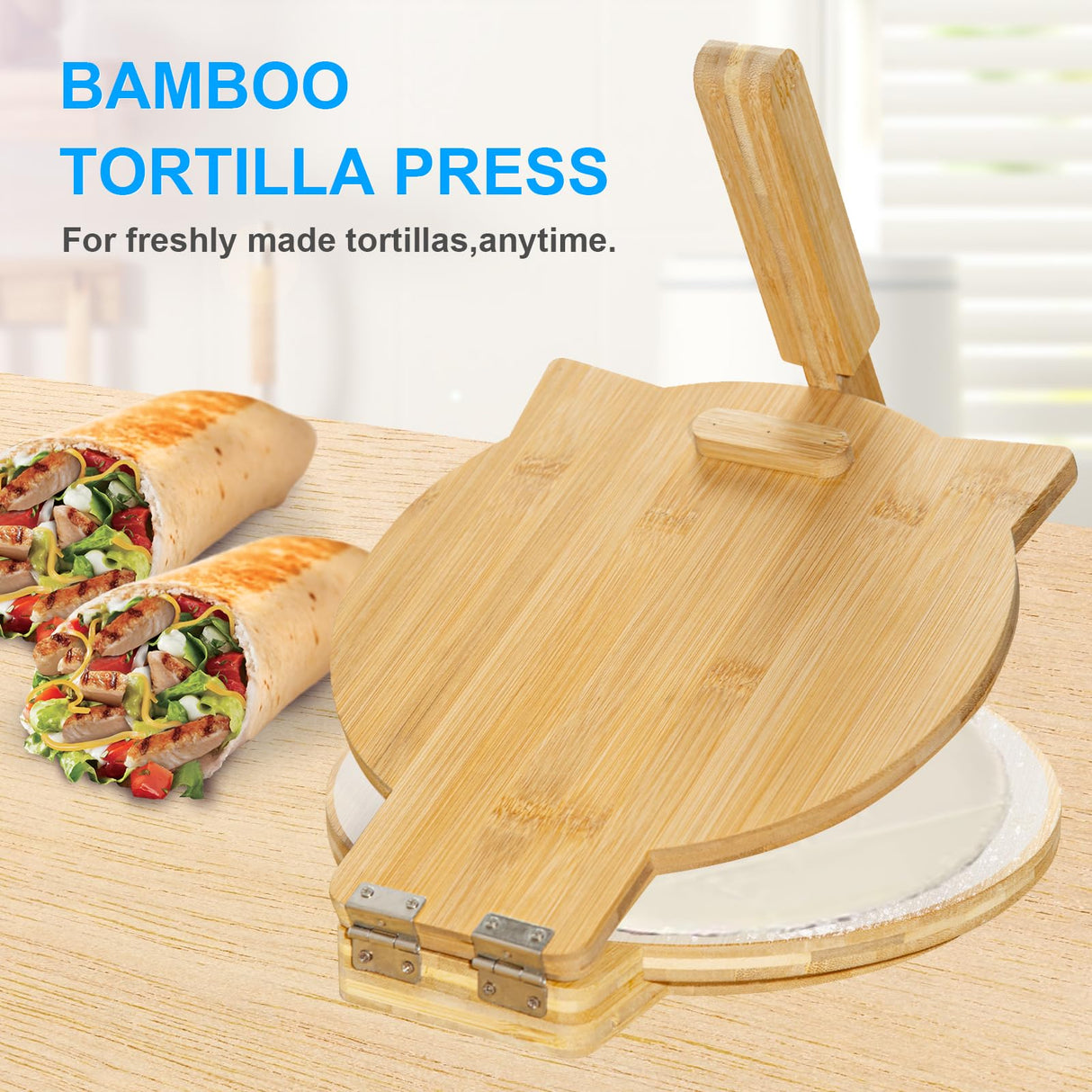 Bamboo Tortilla Press 10 Inch Wooden Tortillas Maker with 100PCS Parchment Paper Large Tortillera Presser for Mexican Taco, Pataconera, Dough Press Cuesonmy