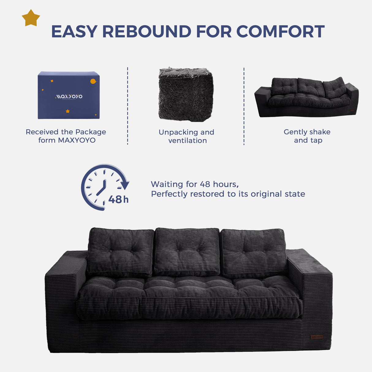 MAXYOYO 3 Seater Couch for Living Room, Boneless Couch with Tufted Cushion & Backrest, Upholstered Floor Sofa, Sofa in A Box, Black MAXYOYO